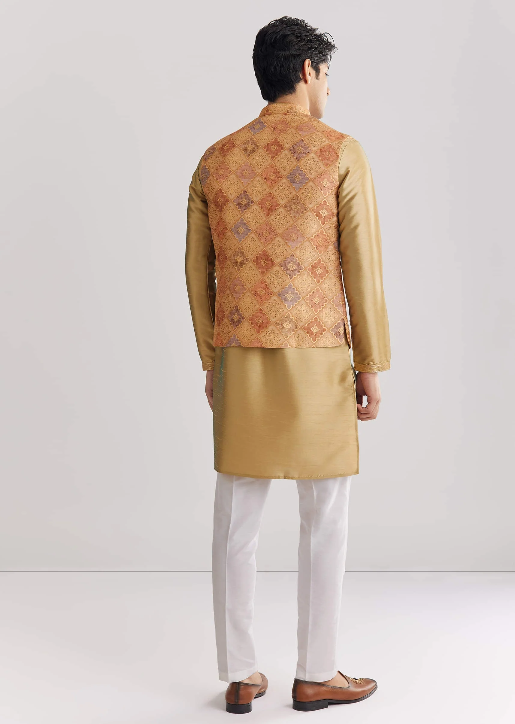 Beige Brocade Jacket Kurta Set - Image 5
