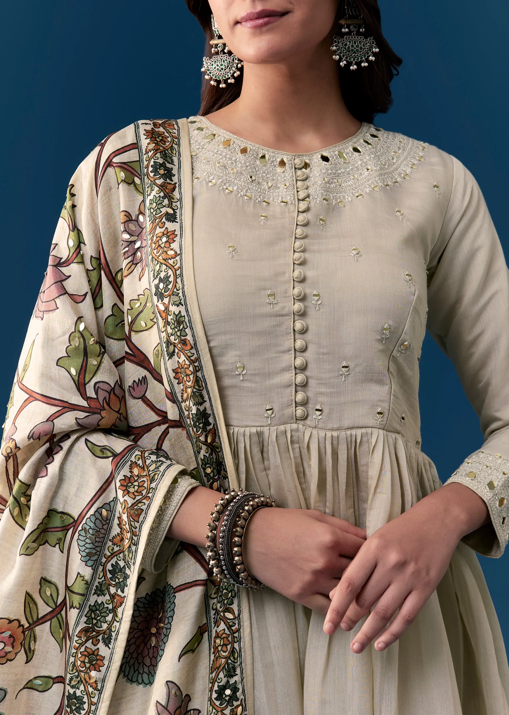 Beige Chanderi Anarkali Set With Mirror And Sequins Work - Image 2