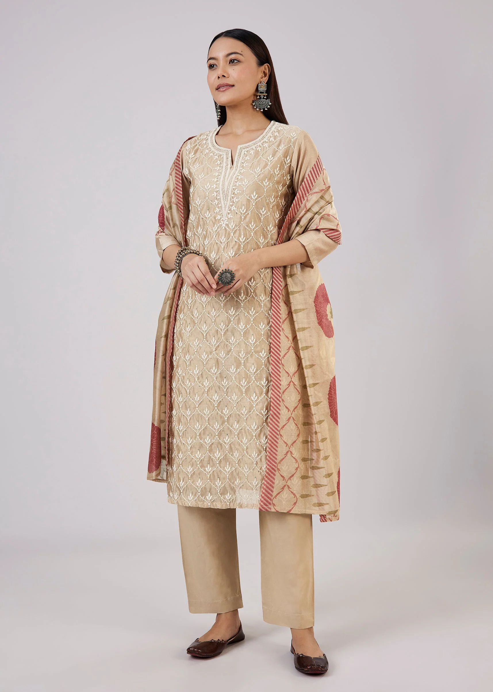 Beige Chanderi Kurta Set With Thread And Sequins Work - Image 3