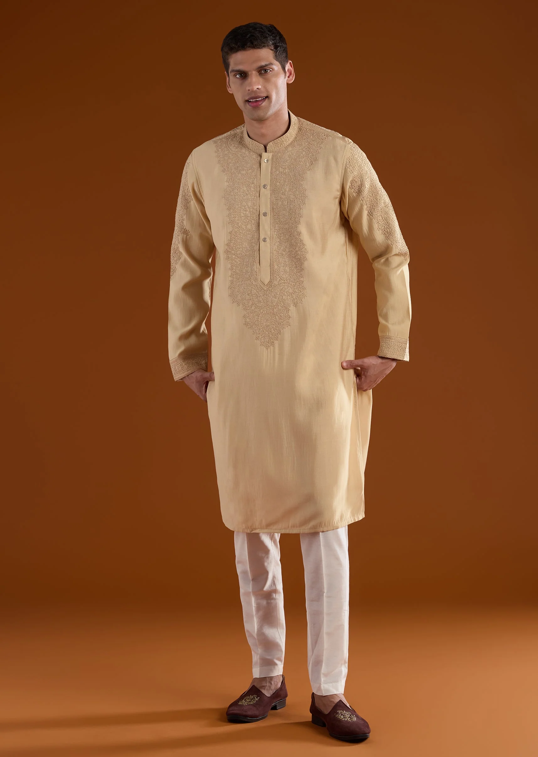 Beige Chanderi Silk Embroidered Kurta Set - Image 2
