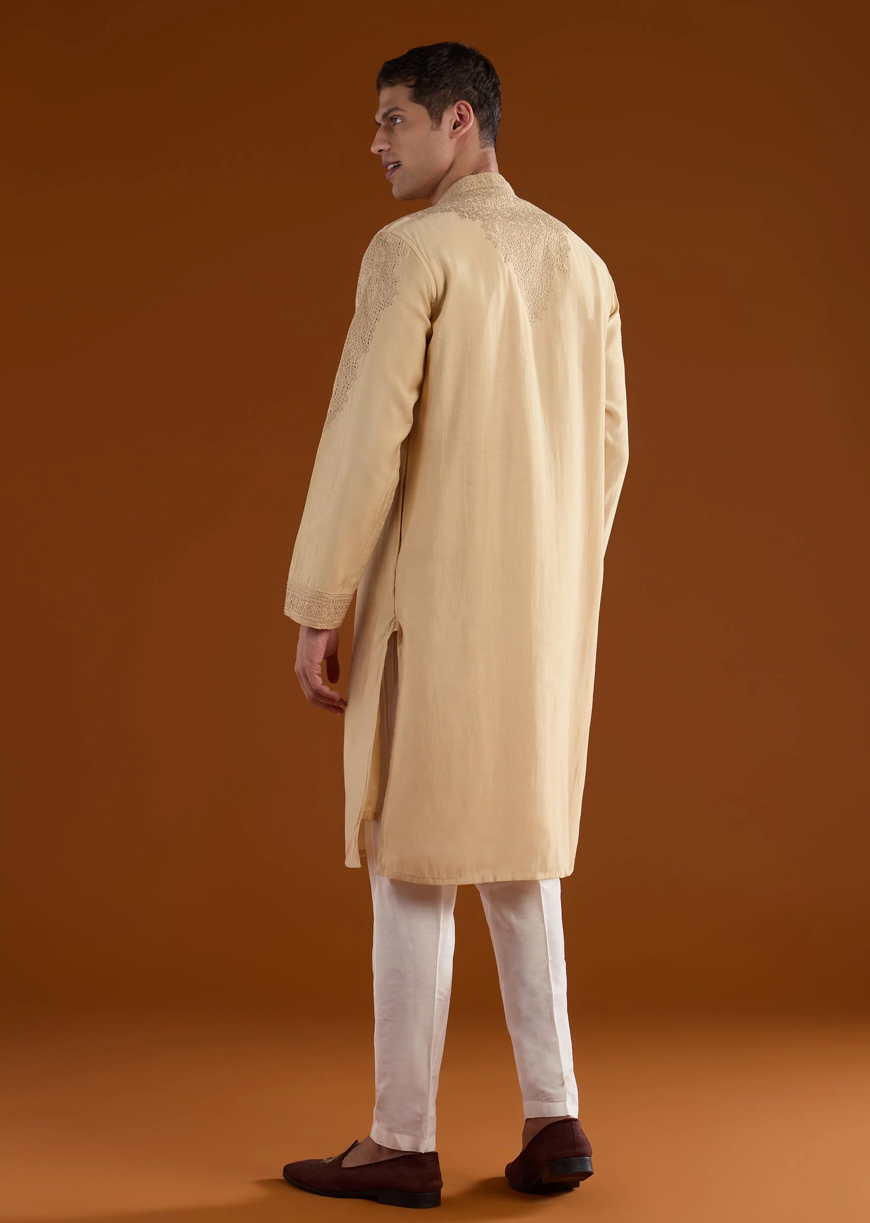 Beige Chanderi Silk Embroidered Kurta Set - Image 5