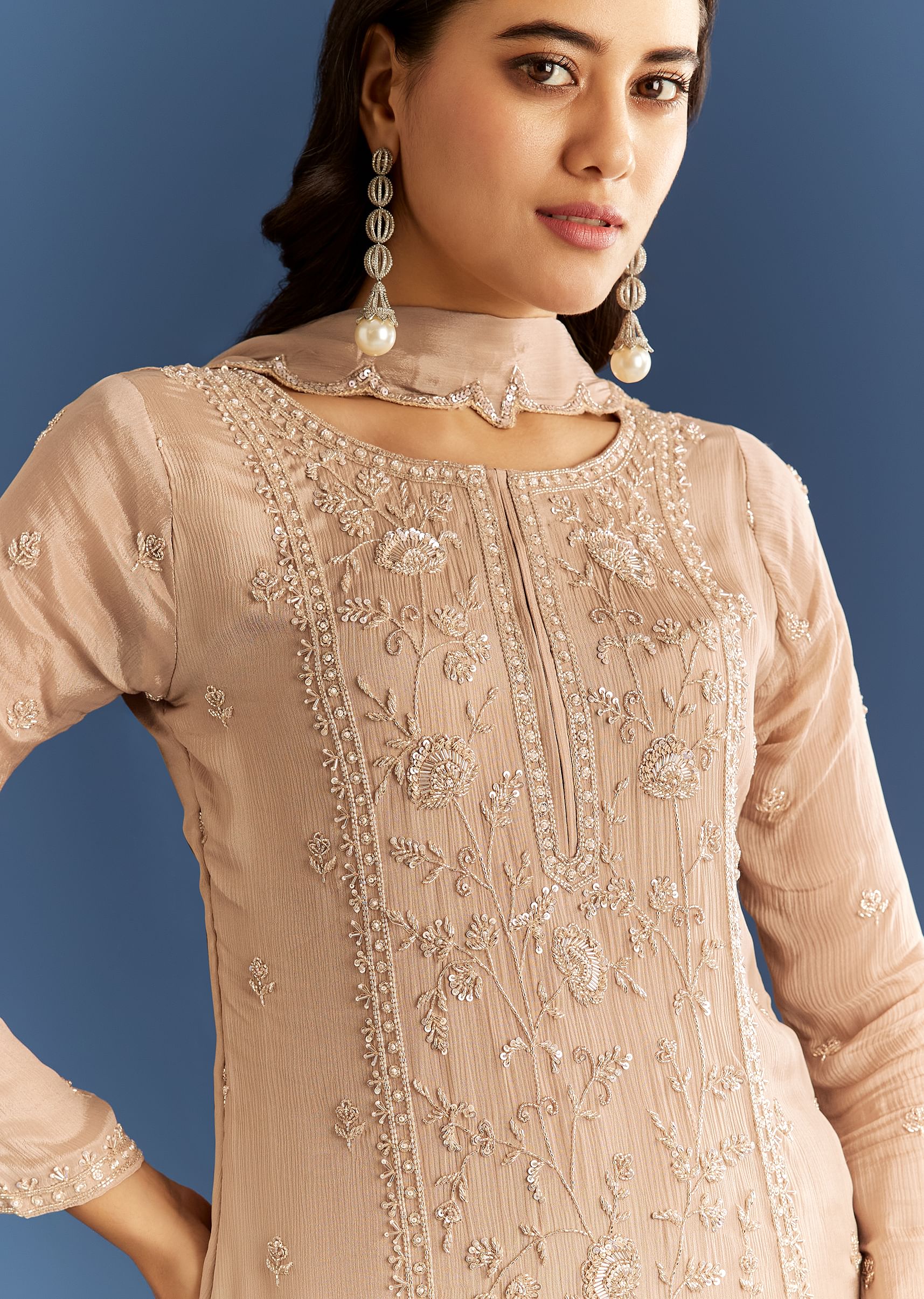 Beige Chinon Kurta Sharara Set With Cut Dana Sequins Work - Image 2