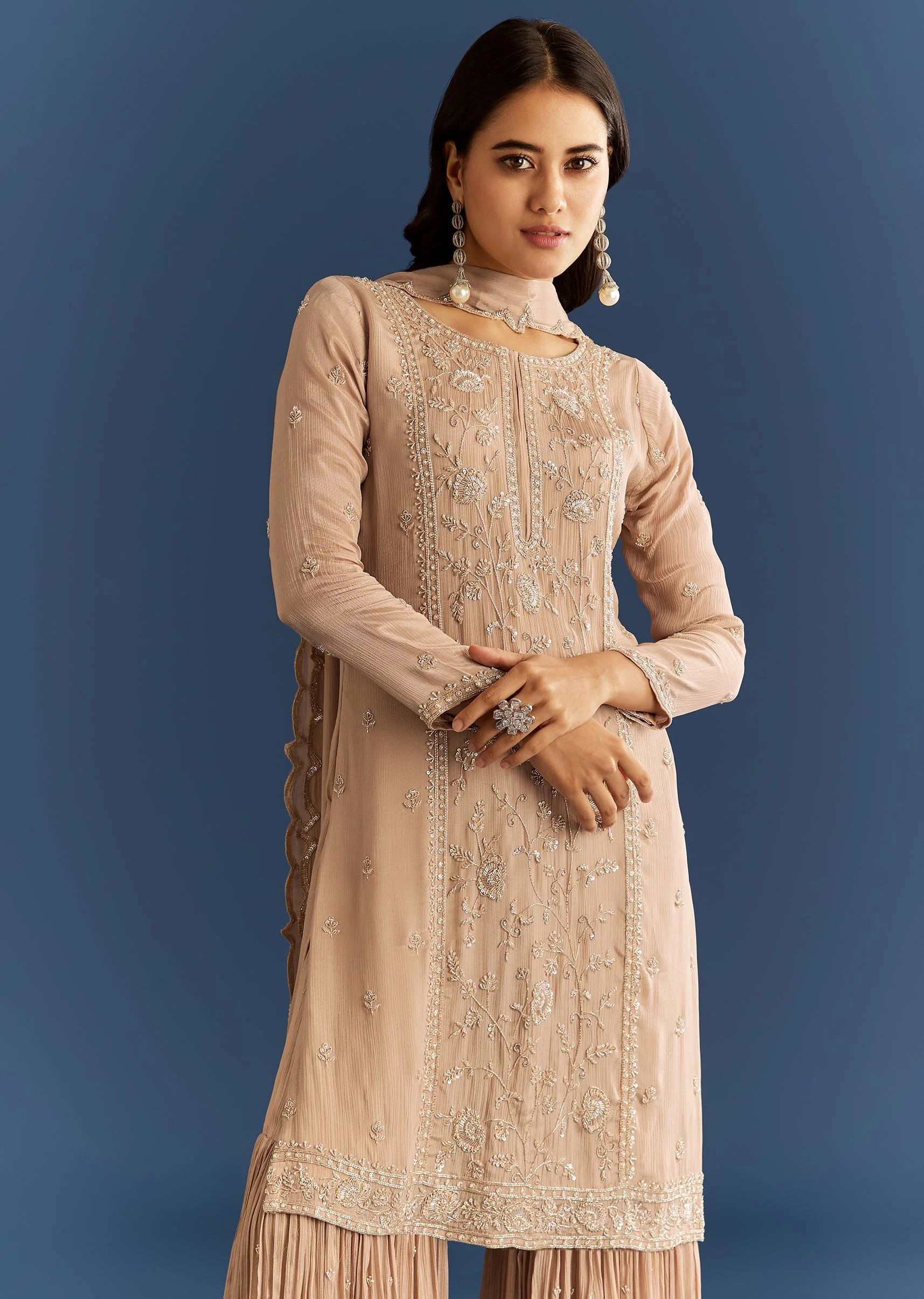 Beige Chinon Kurta Sharara Set With Cut Dana Sequins Work - Image 4