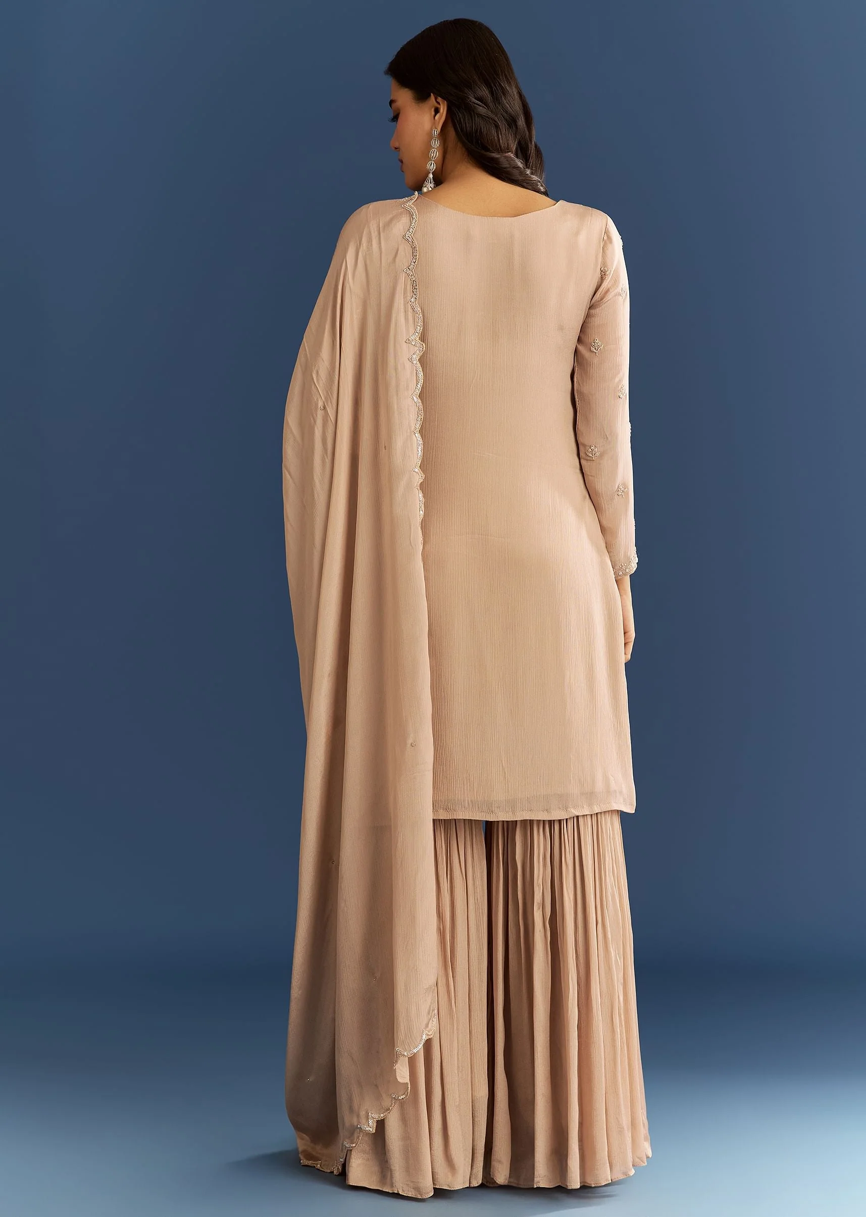 Beige Chinon Kurta Sharara Set With Cut Dana Sequins Work - Image 5