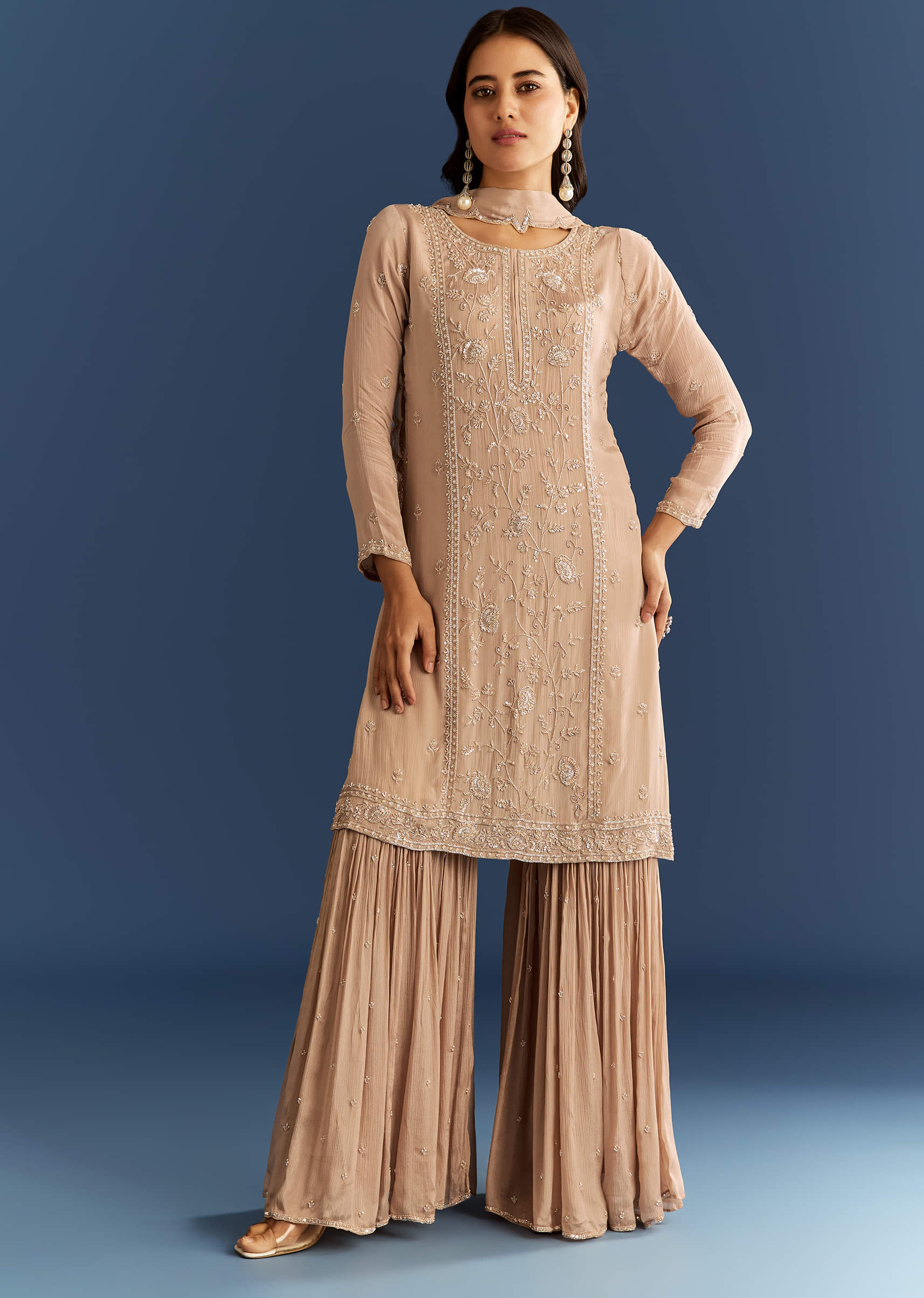 Beige Chinon Kurta Sharara Set With Cut Dana Sequins Work - Image 7