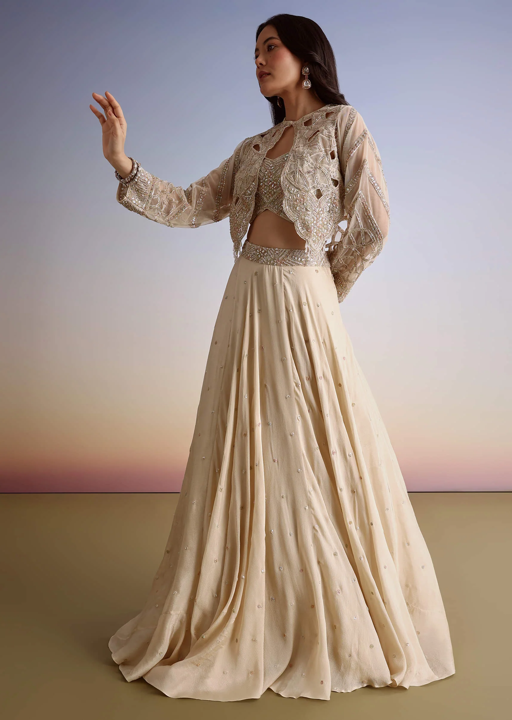 Beige Chinon Lehenga Jacket Set With Beads And Cutdana Work - Image 3