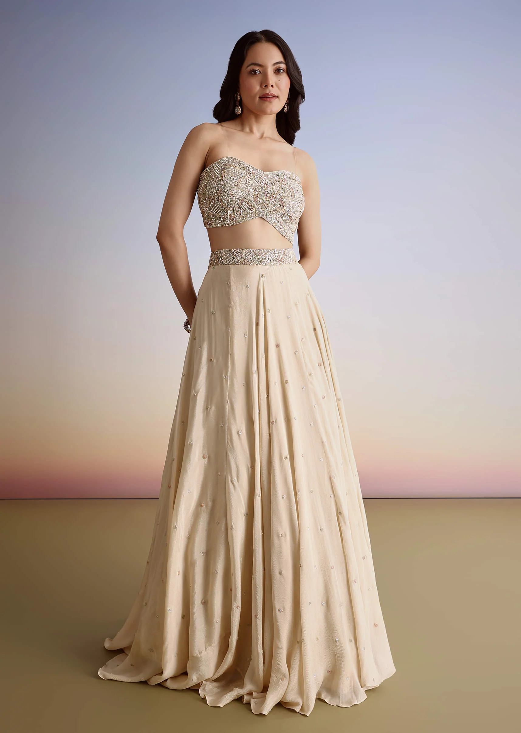 Beige Chinon Lehenga Jacket Set With Beads And Cutdana Work - Image 5