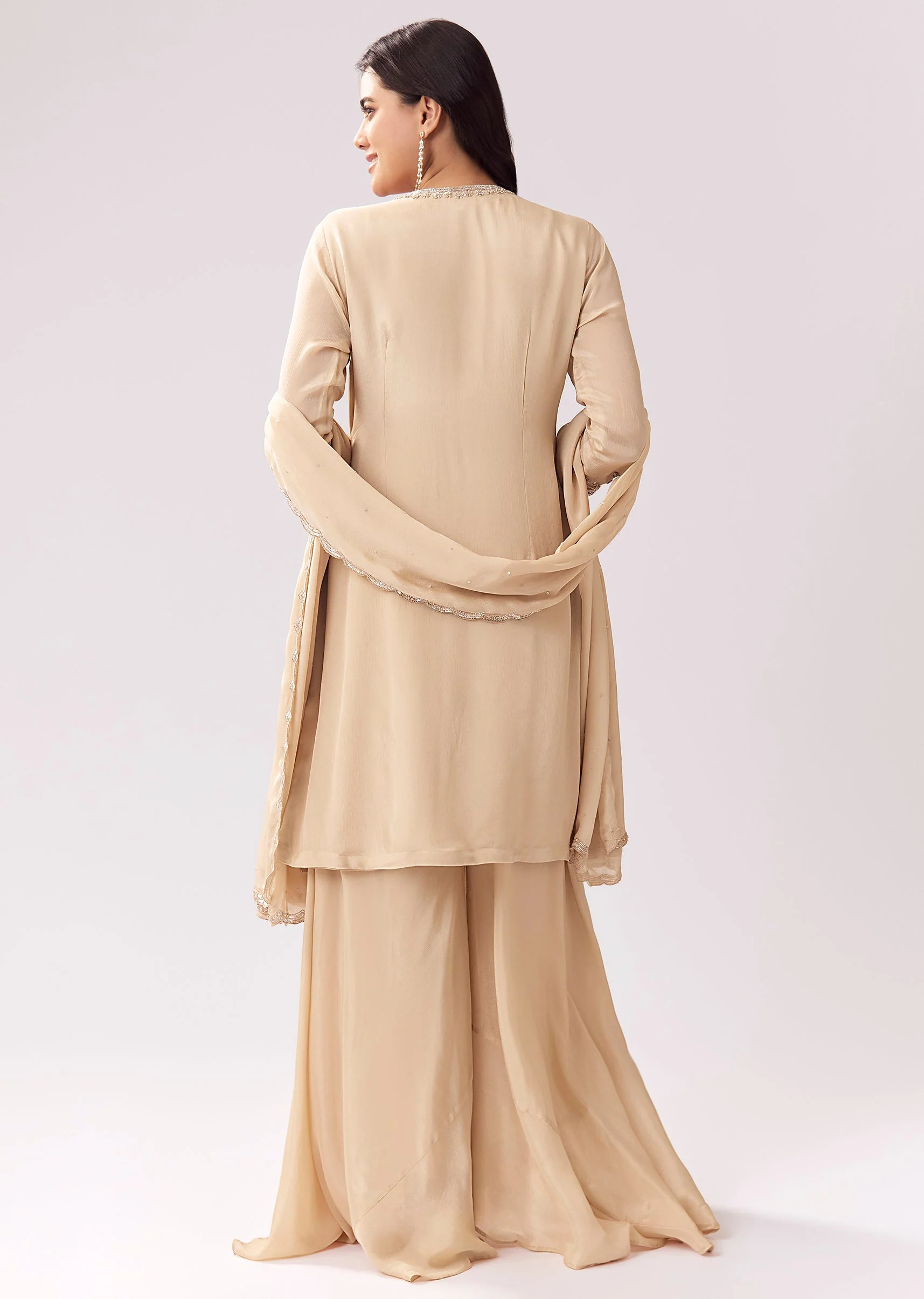 Beige Chinon Palazzo Suit With Heavy Detailing - Image 5