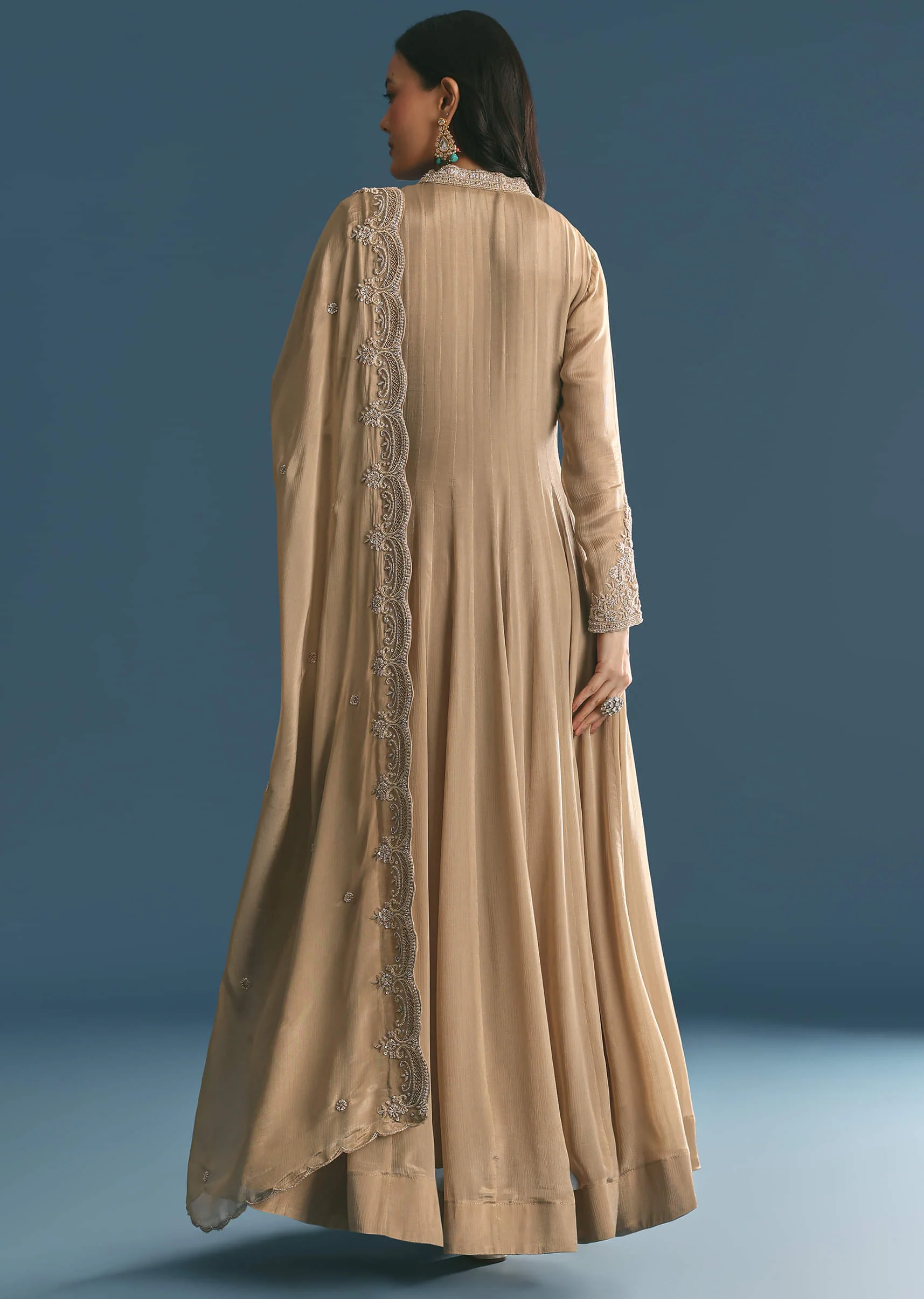 Beige Chinon Zardosi Work Anarkali Suit With Embroidered Dupatta - Image 5