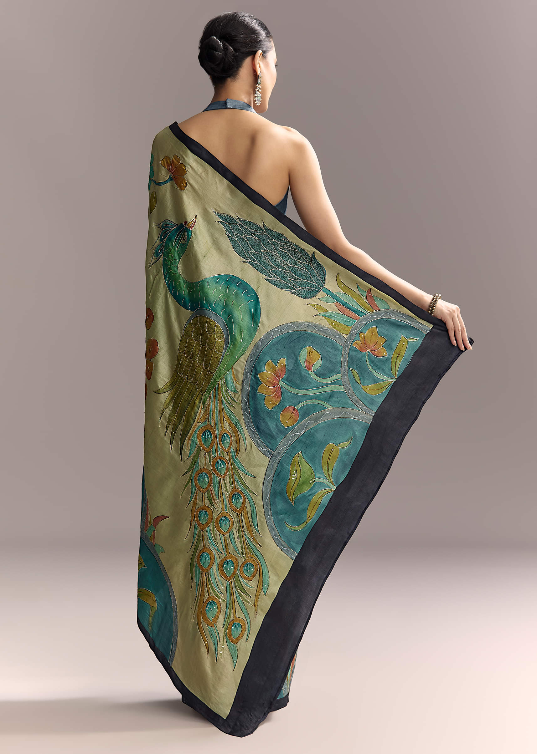 Beige Cotton Saree With Hand Painted Blue Motifs And Brown Border - Image 4