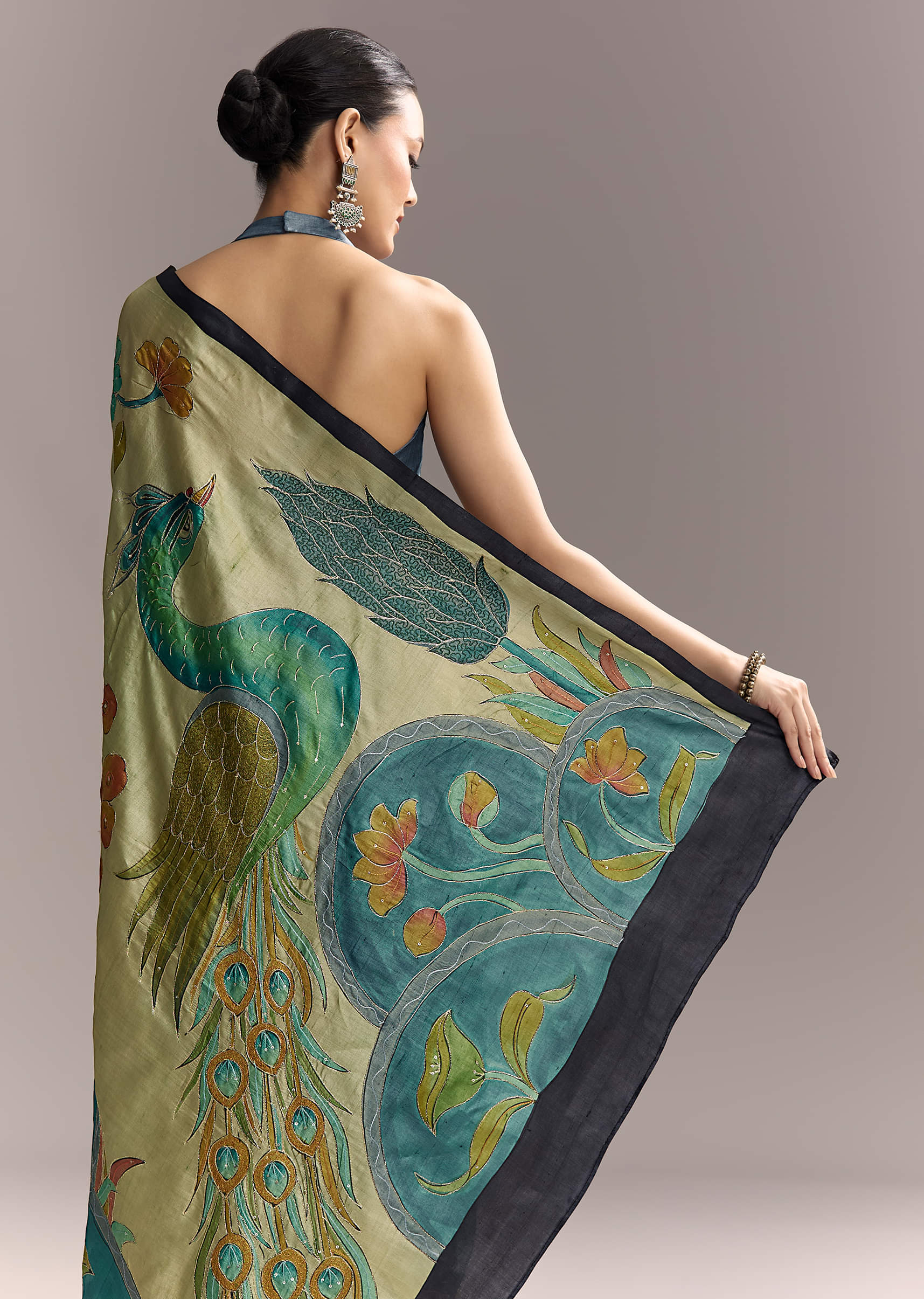 Beige Cotton Saree With Hand Painted Blue Motifs And Brown Border - Image 6