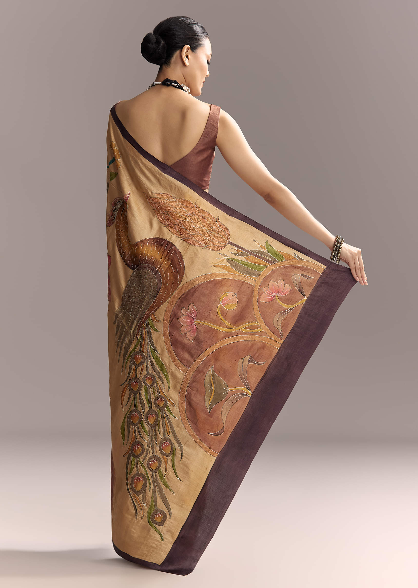 Beige Cotton Saree With Hand Painted Motifs And Brown Border - Image 4