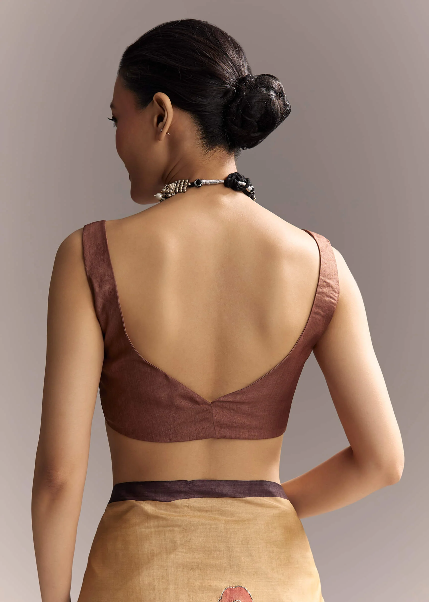 Beige Cotton Saree With Hand Painted Motifs And Brown Border - Image 8