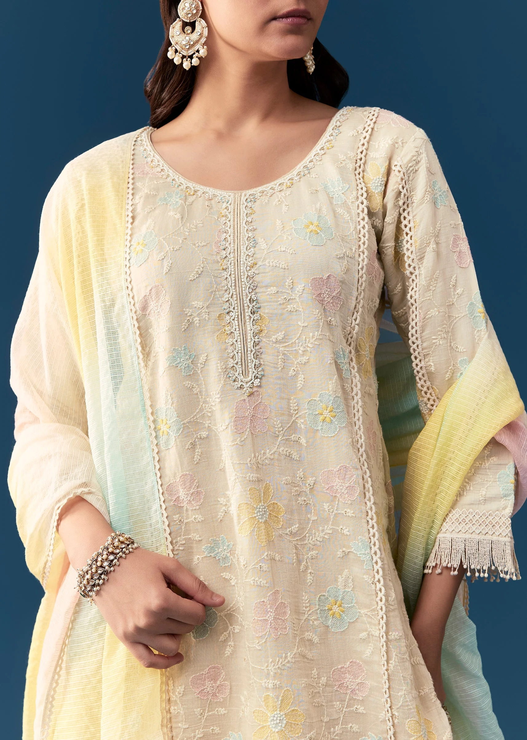 Beige Cotton Sharara Set With Thread And Sequins Work