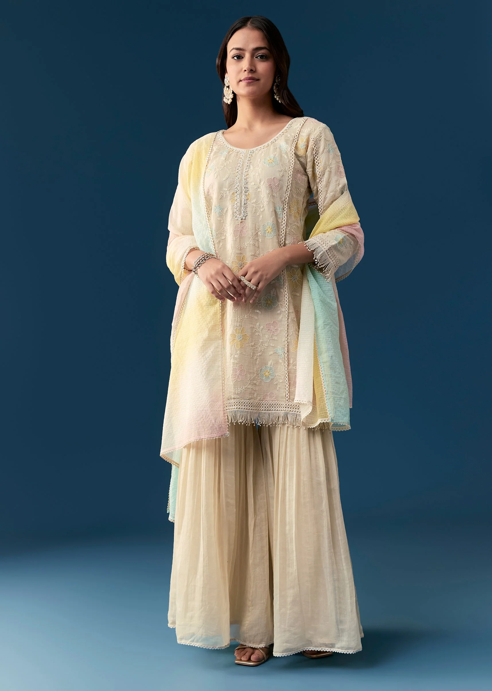 Beige Cotton Sharara Set With Thread And Sequins Work - Image 3