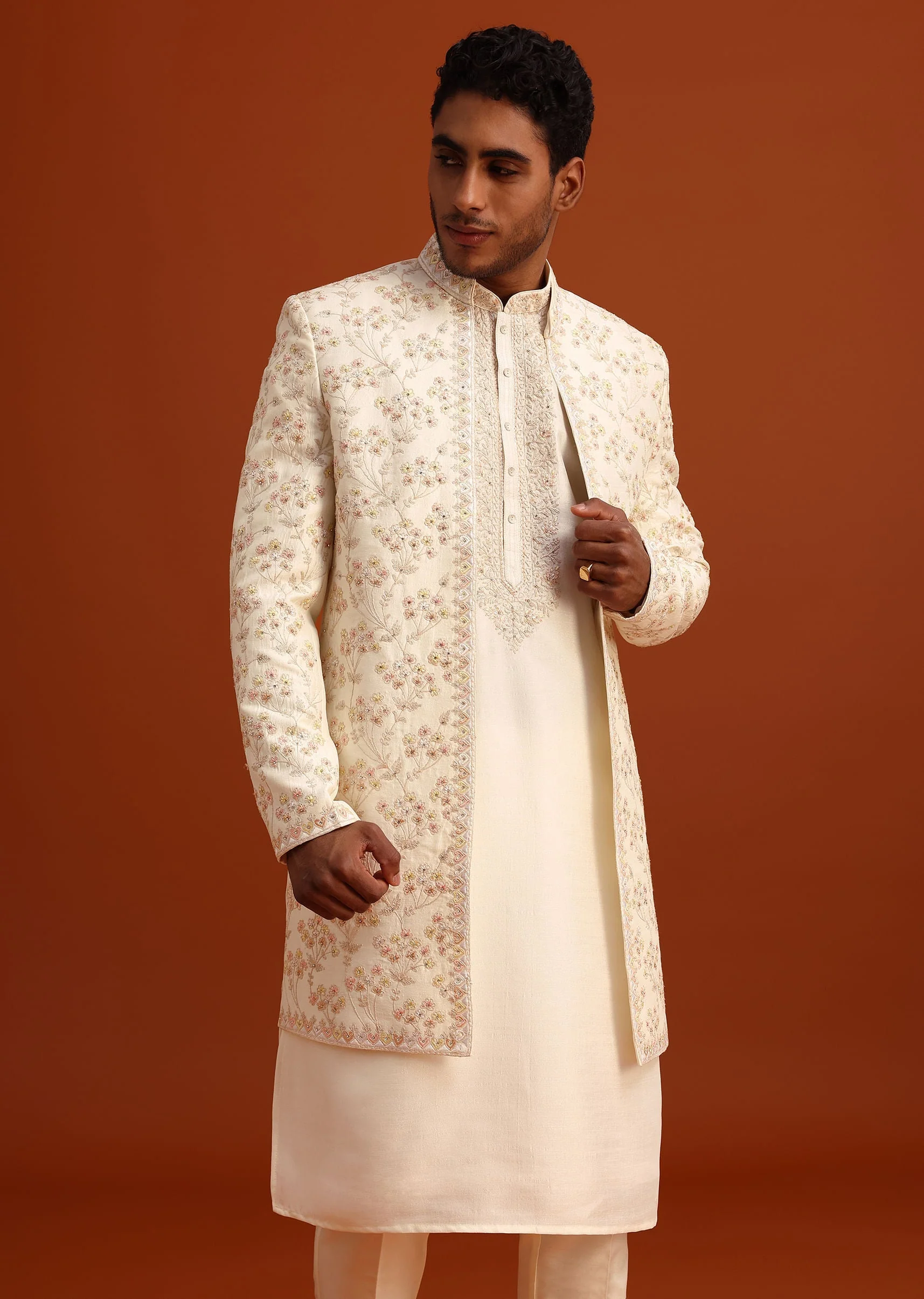 Beige Cotton Silk Sherwani Set With Hand Work - Image 4