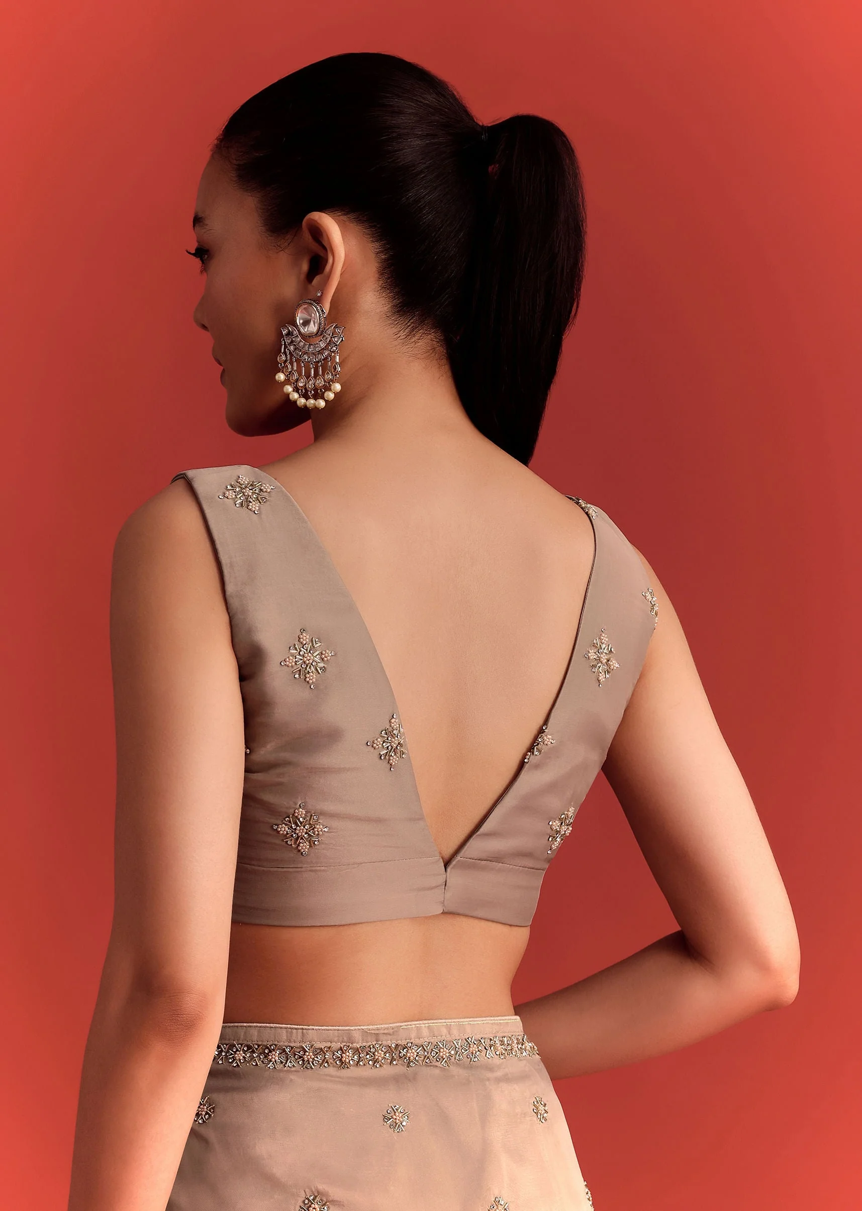 Beige Crepe Silk Saree With Cutdana Work - Image 8