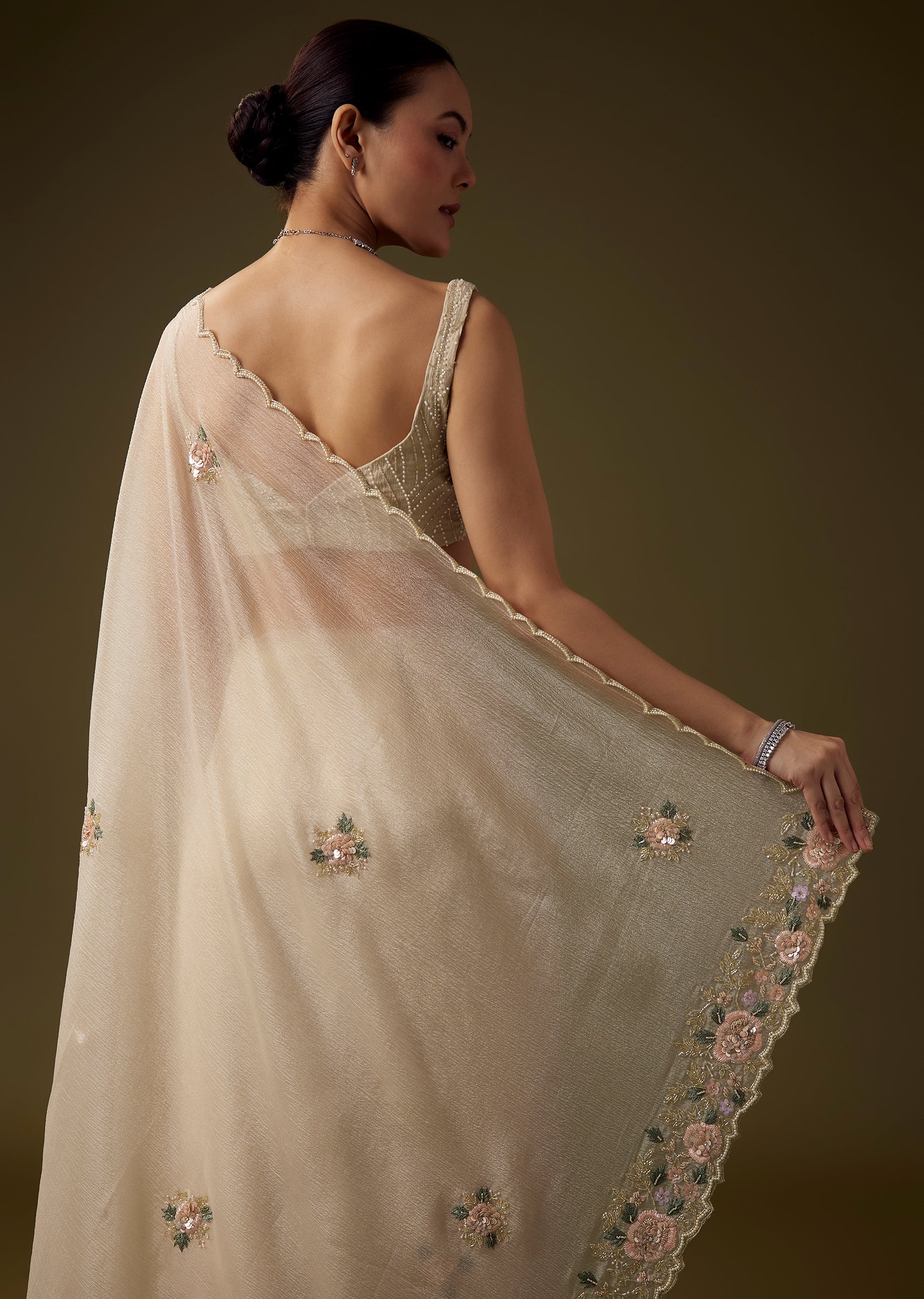 Beige Crush Tissue Embroidered Saree with Unstitched Blouse - Image 6