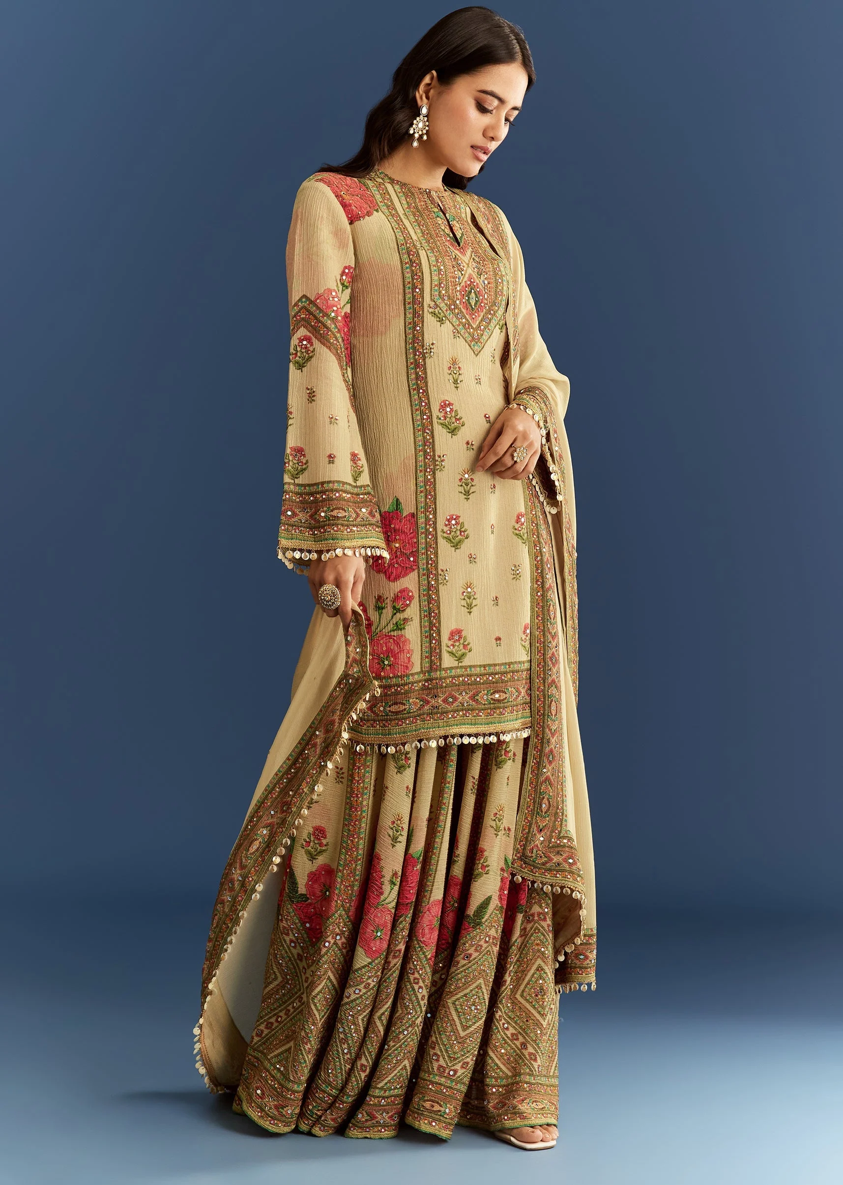 Beige Crush Tissue Floral Printed Kurta Palazzo With Dupatta - Image 3