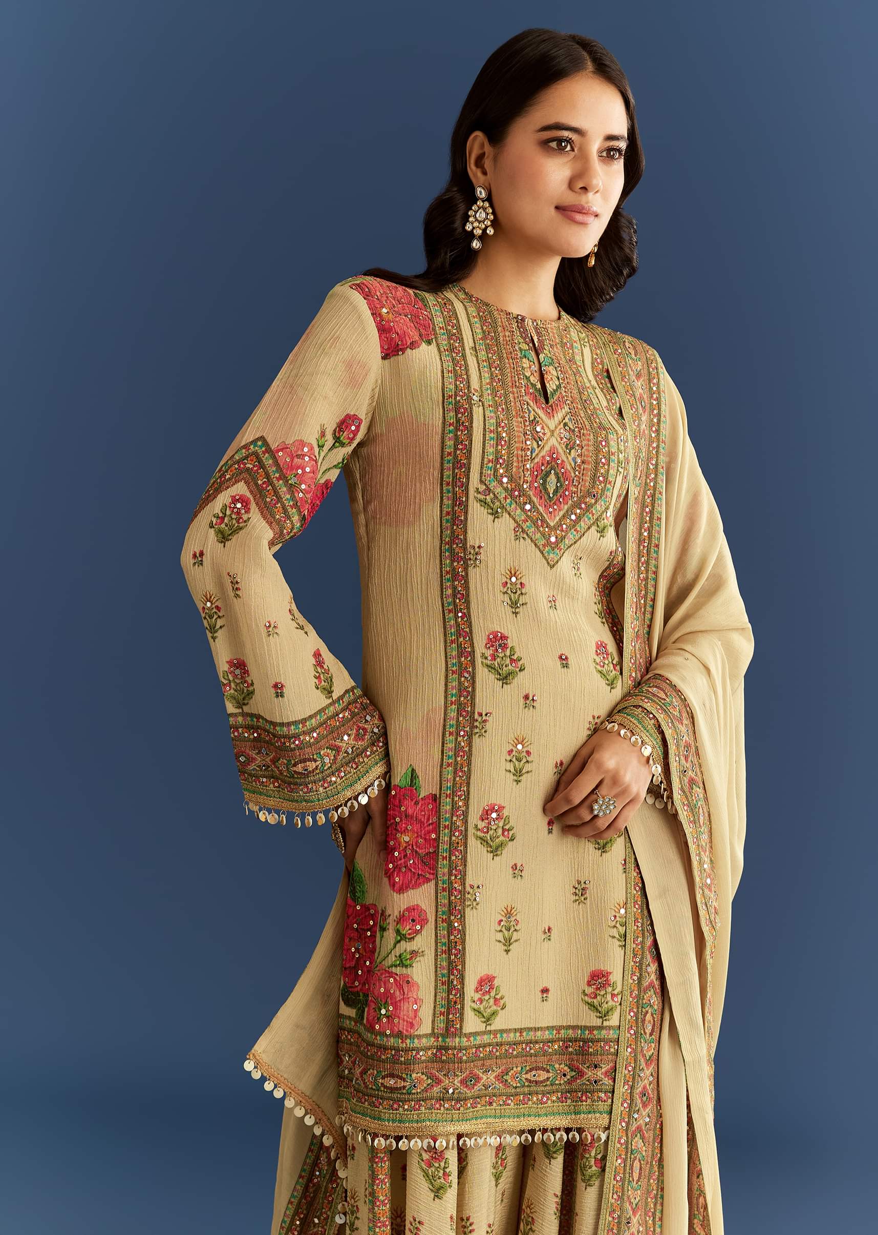 Beige Crush Tissue Floral Printed Kurta Palazzo With Dupatta - Image 4