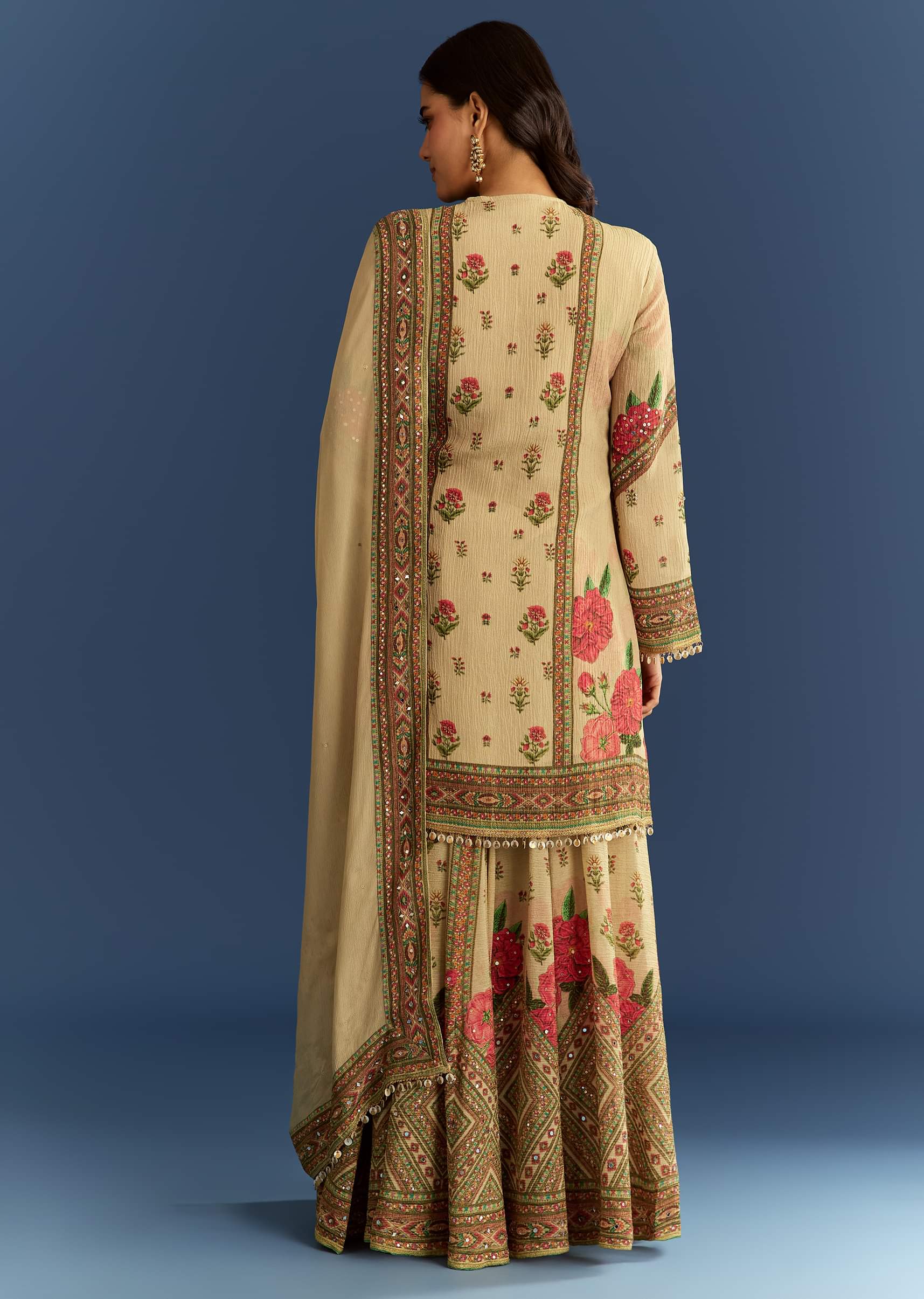 Beige Crush Tissue Floral Printed Kurta Palazzo With Dupatta - Image 5