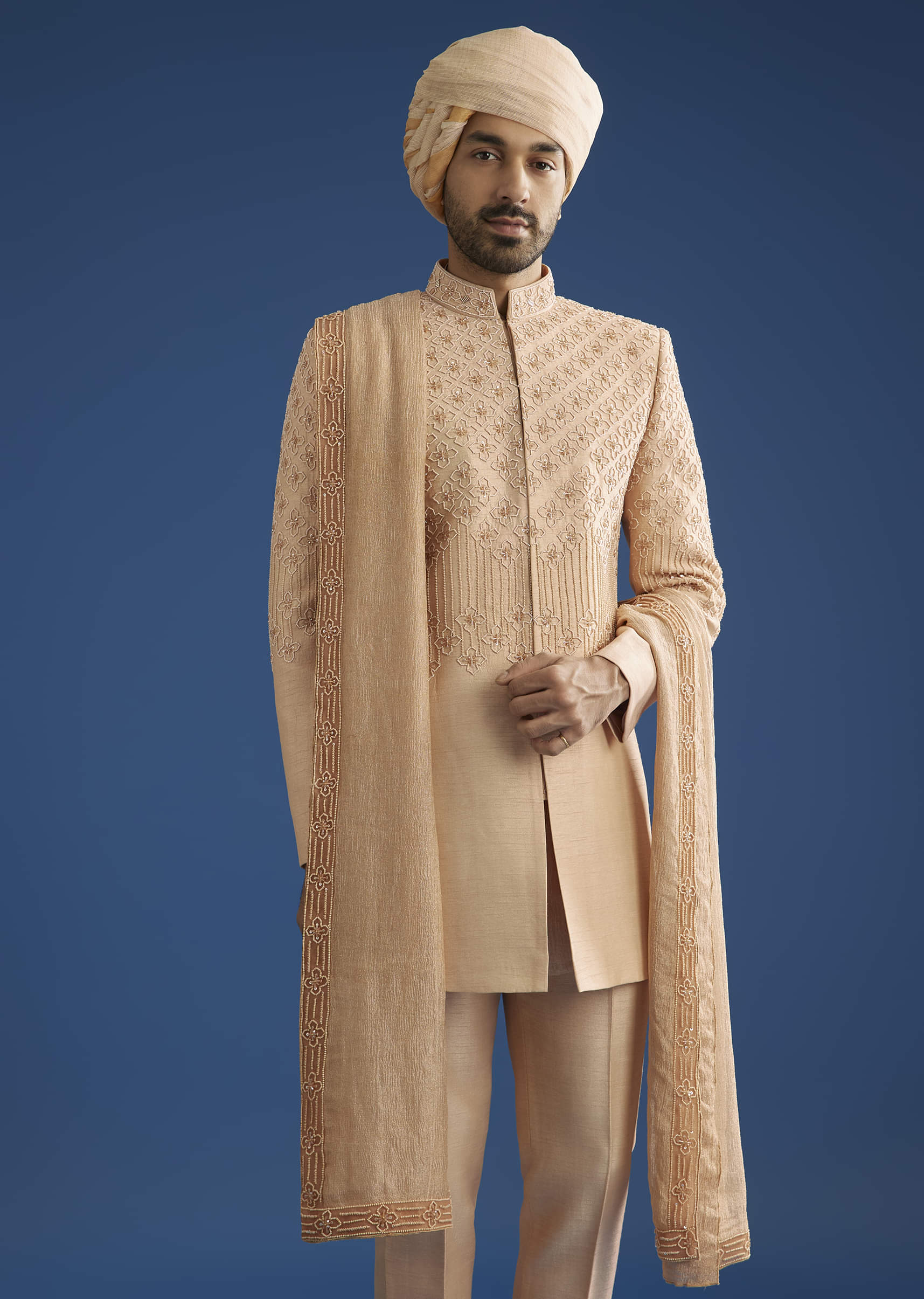 Beige Crush Tissue Sherwani Set With Hand Embroidery - Image 3