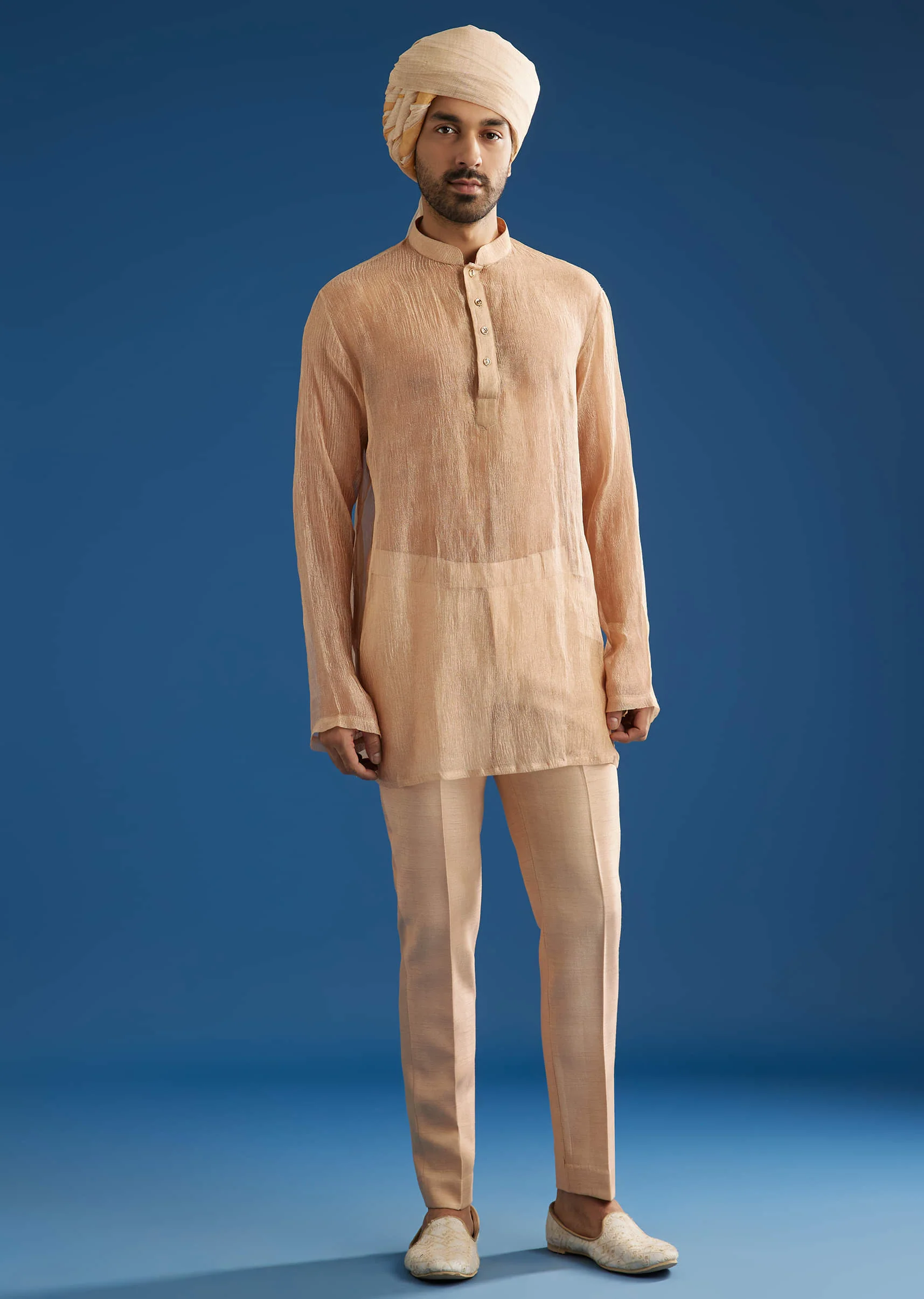 Beige Crush Tissue Sherwani Set With Hand Embroidery - Image 5