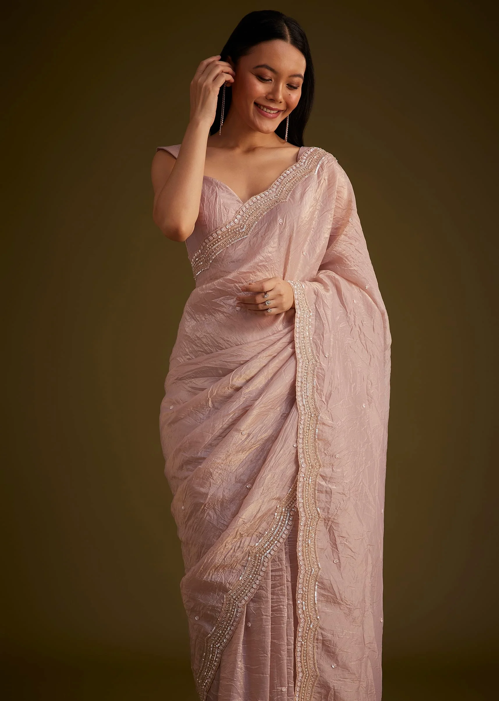 Beige Crushed Tissue Saree With Embroidered Border - Image 2