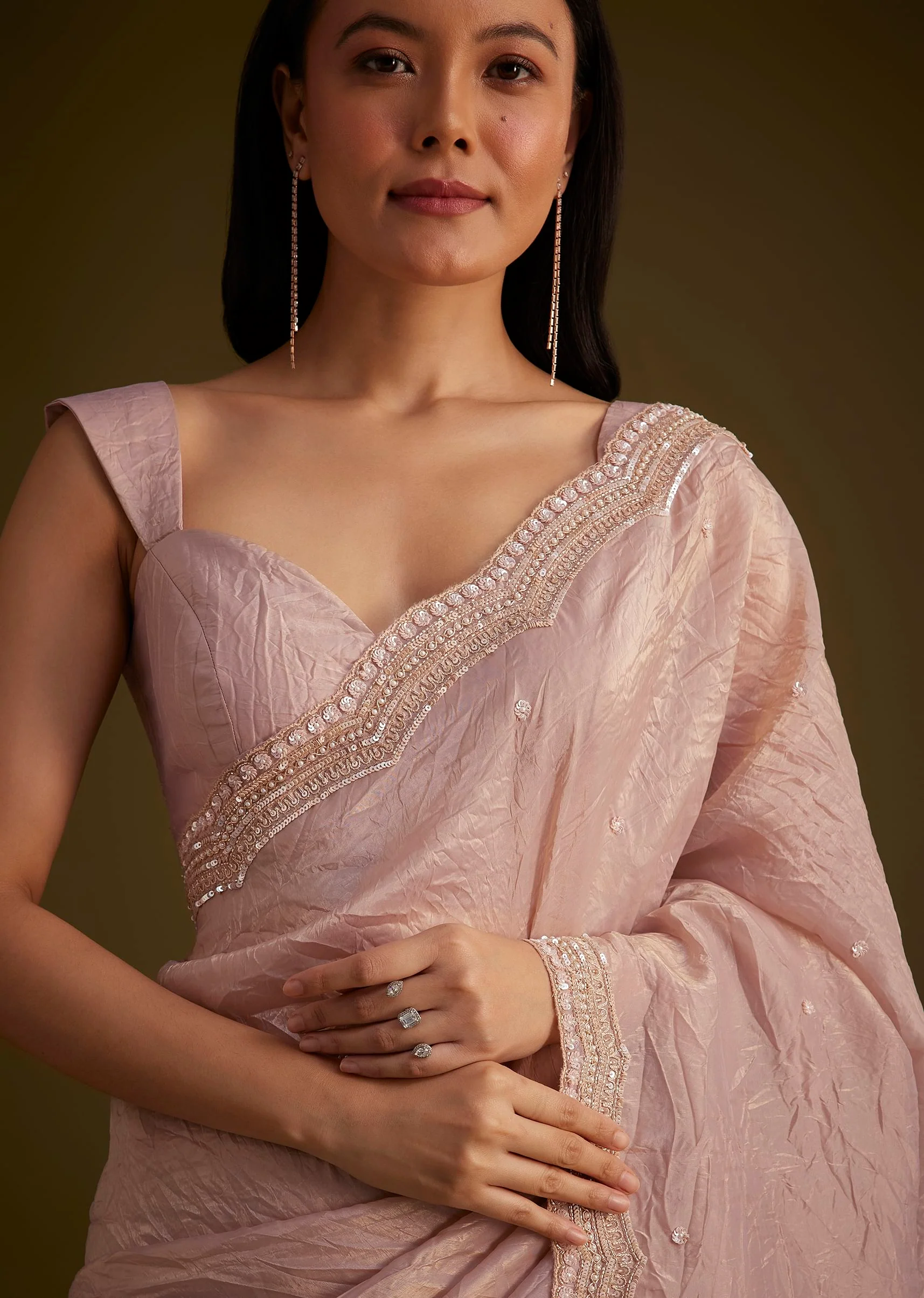 Beige Crushed Tissue Saree With Embroidered Border - Image 5
