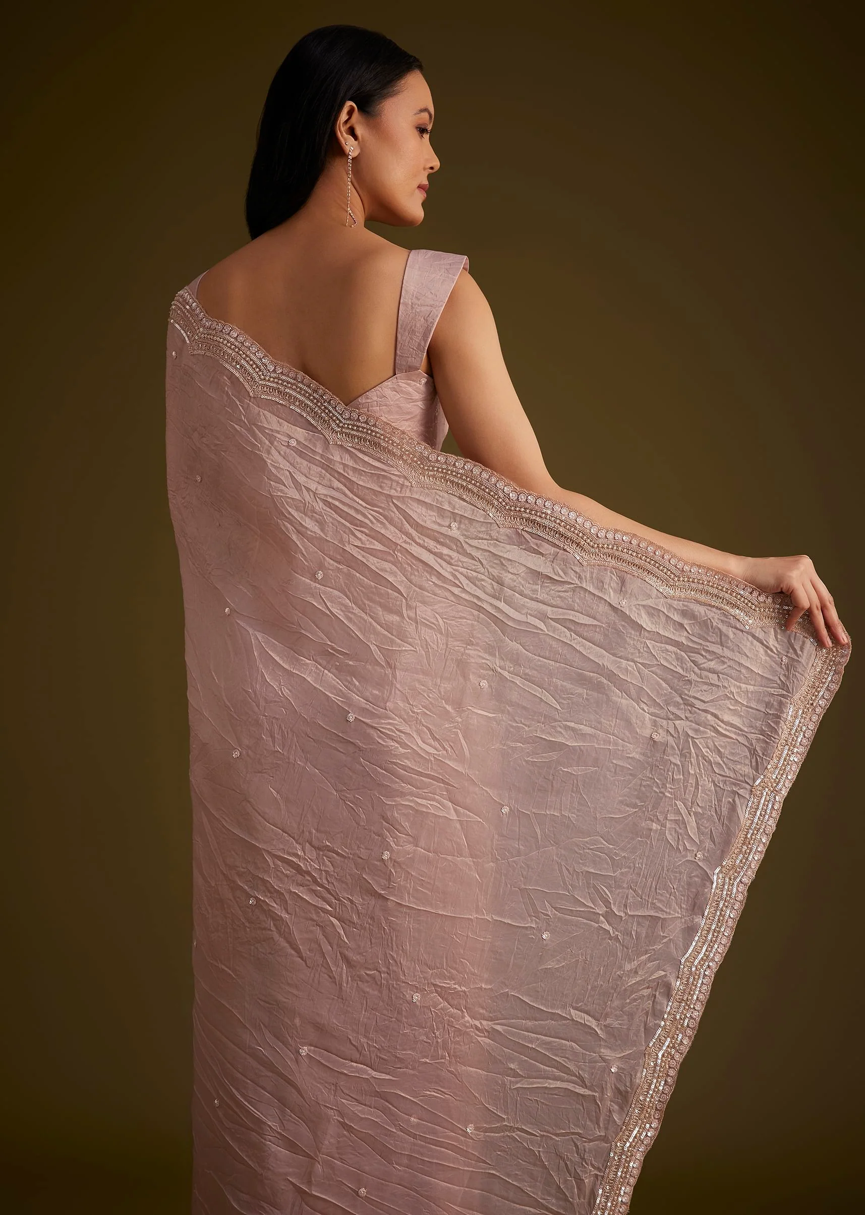 Beige Crushed Tissue Saree With Embroidered Border - Image 6