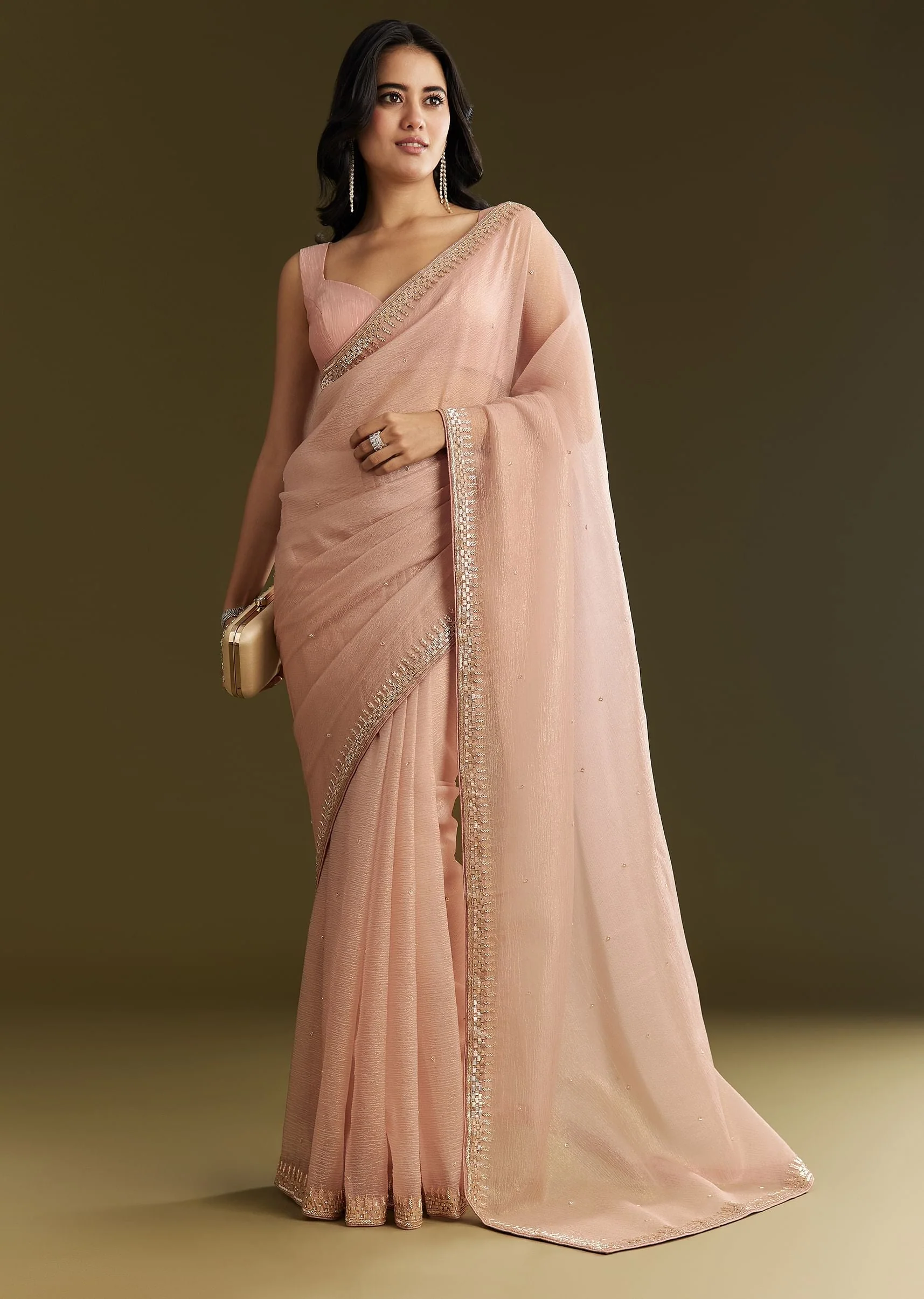 Beige Crushed Tissue Saree With Stone Embellishment And Glossy Finish - Image 3