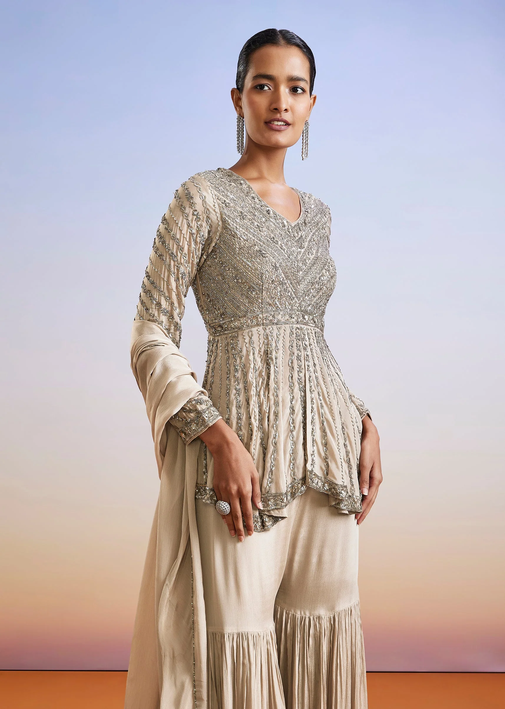 Beige Cut Dana Embroidered Peplum Sharara Suit With Dupatta - Image 4