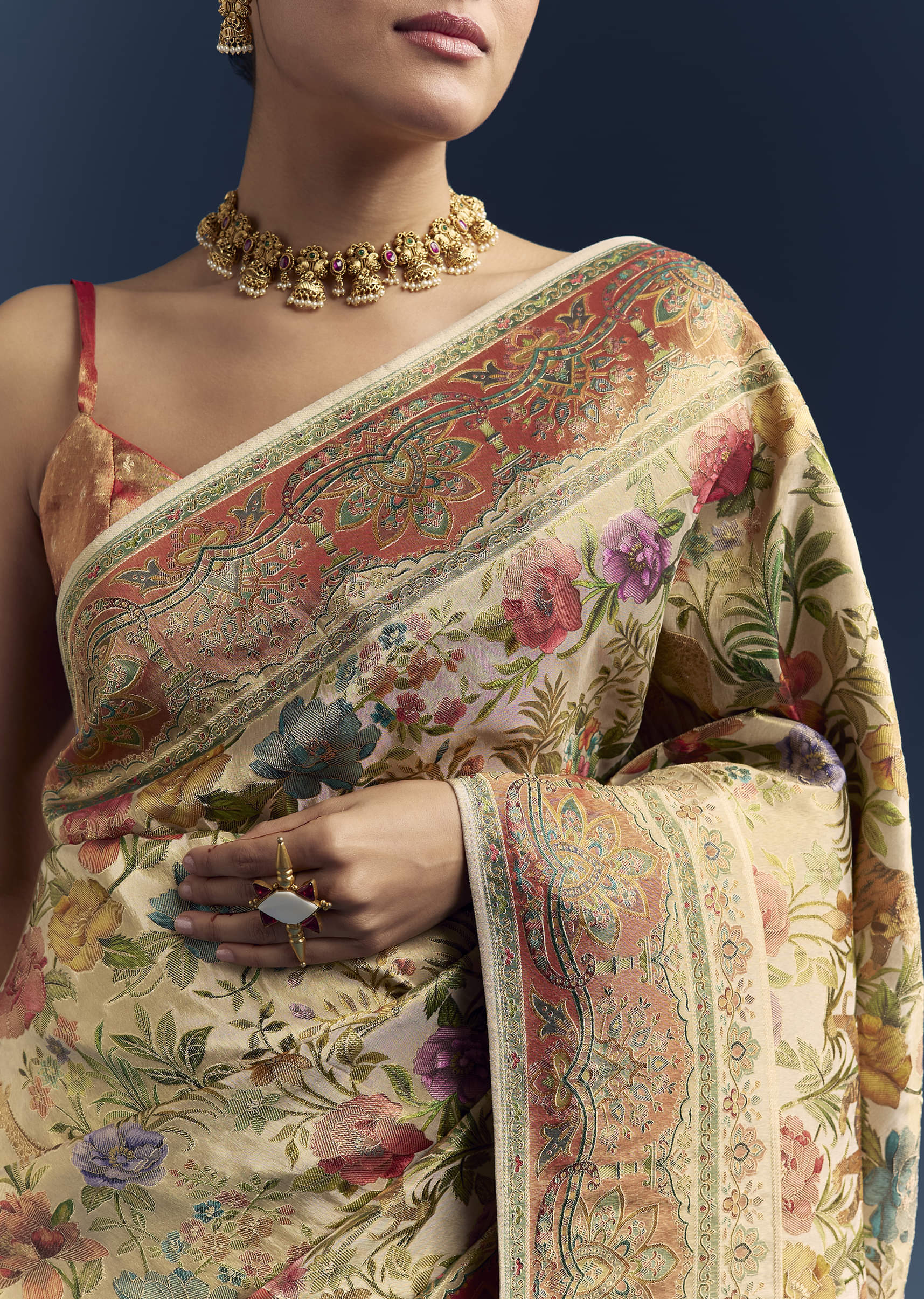 Beige Dola Silk Woven Saree With Nature Motif Embroidery - Image 2