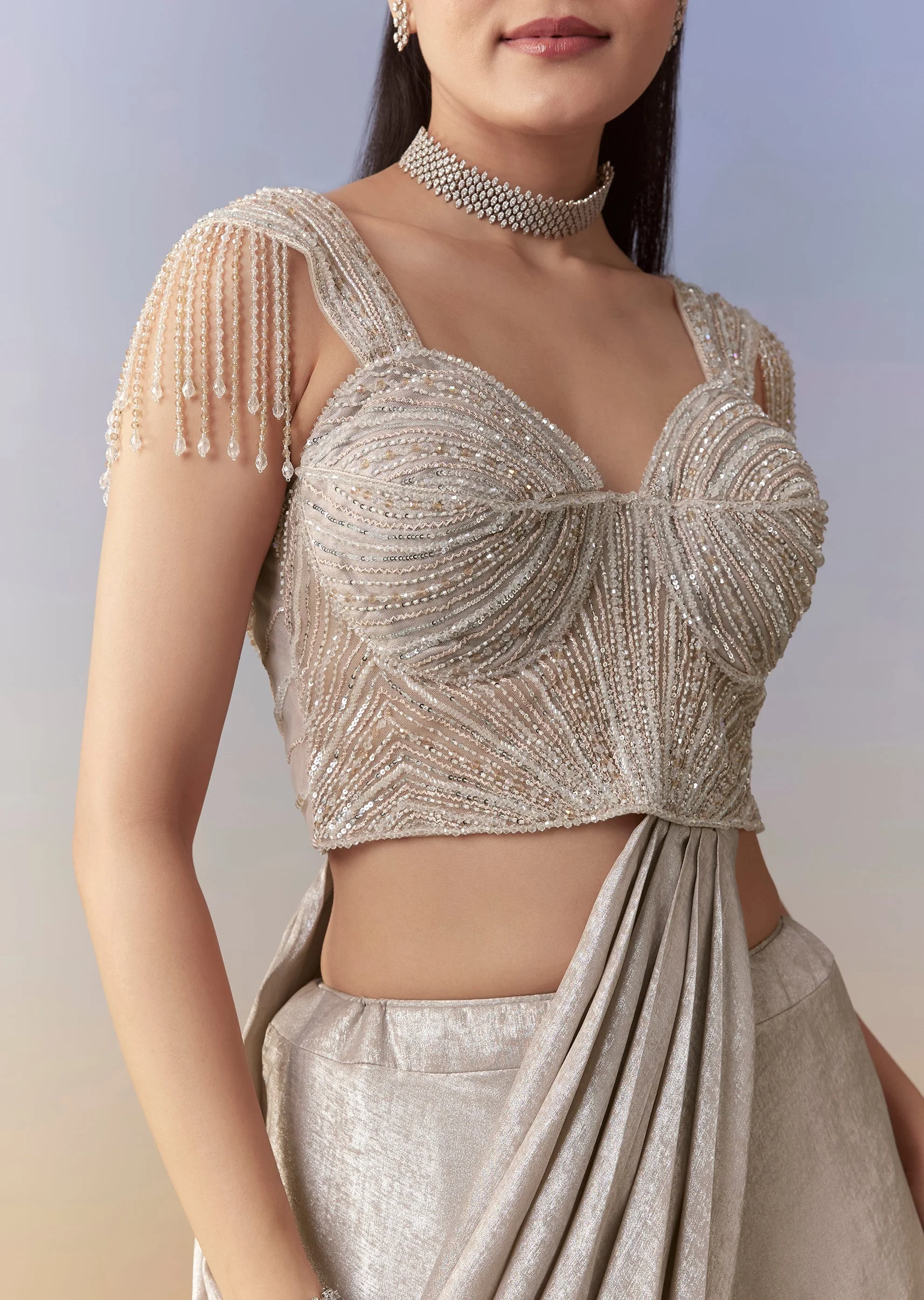 Beige Draped Crop Top Skirt Set with Cutdana Work - Image 2