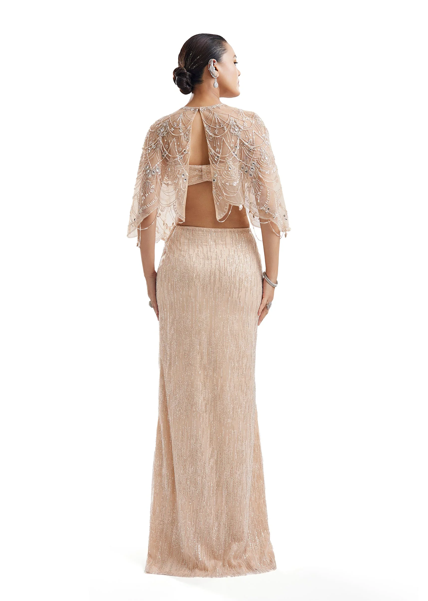 Beige Embellished Cape Crop Top Skirt Set - Image 2