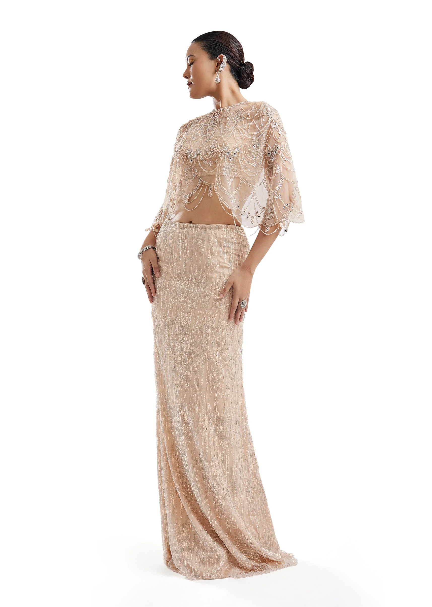 Beige Embellished Cape Crop Top Skirt Set - Image 4