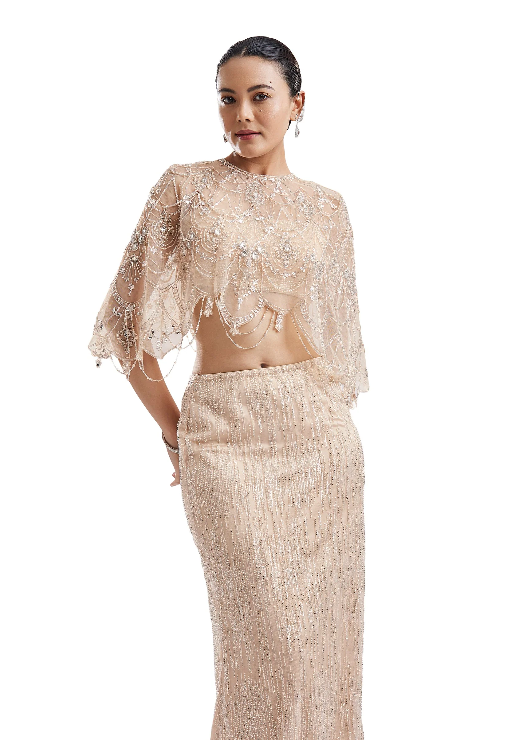 Beige Embellished Cape Crop Top Skirt Set - Image 5