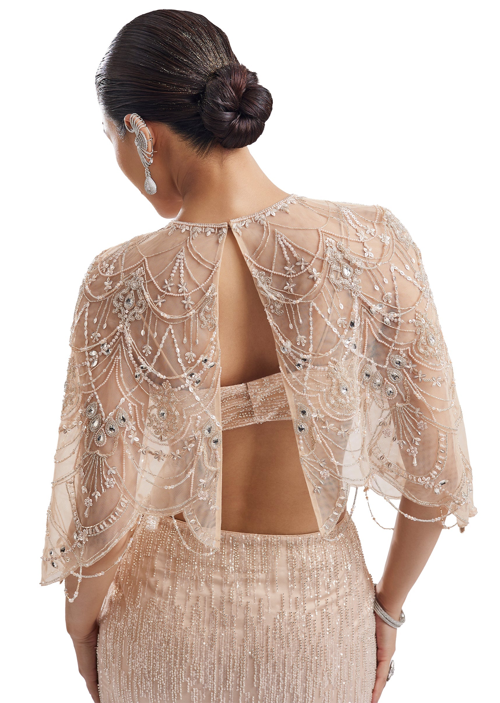 Beige Embellished Cape Crop Top Skirt Set - Image 6