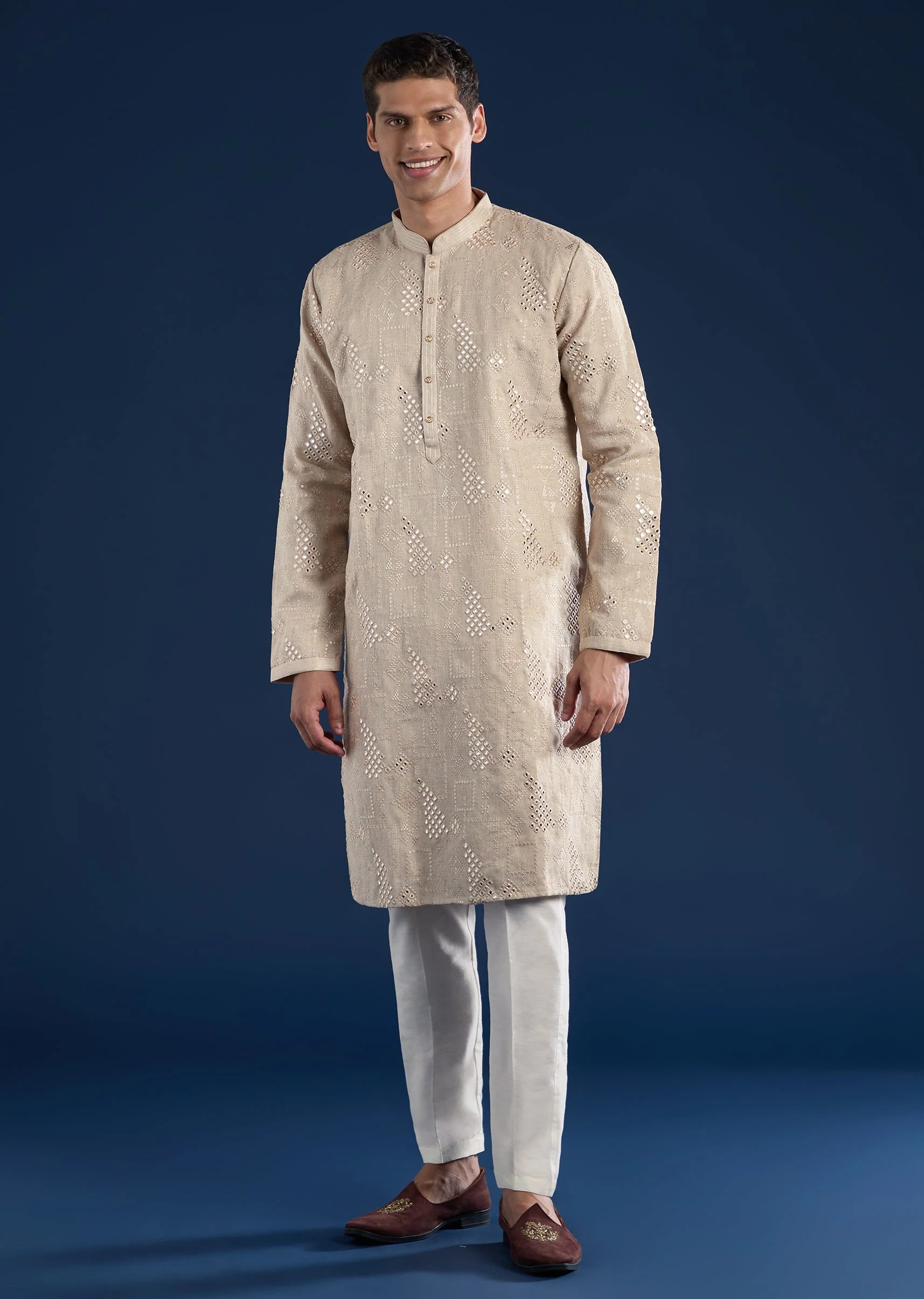 Beige Embellished Kurta Set