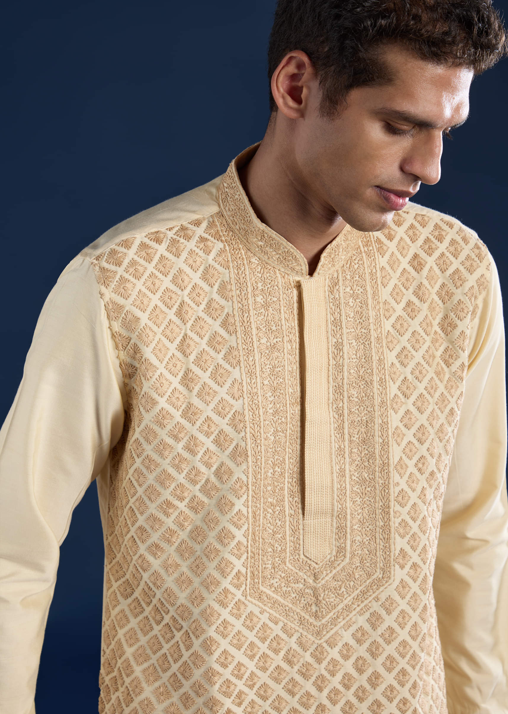 Beige Embroidered Banarsi Silk Mens Kurta and Pant Set - Image 2