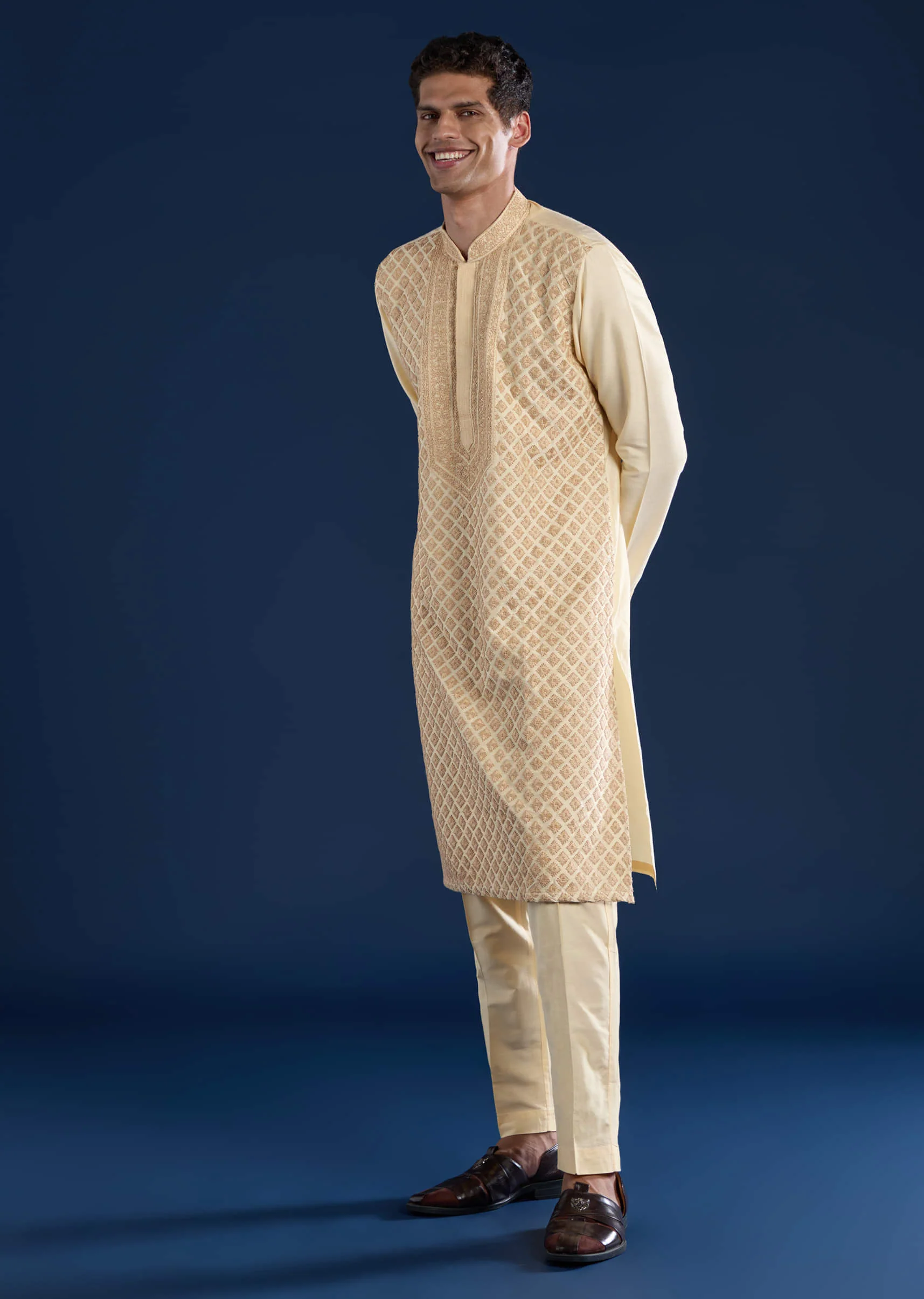 Beige Embroidered Banarsi Silk Mens Kurta and Pant Set - Image 3