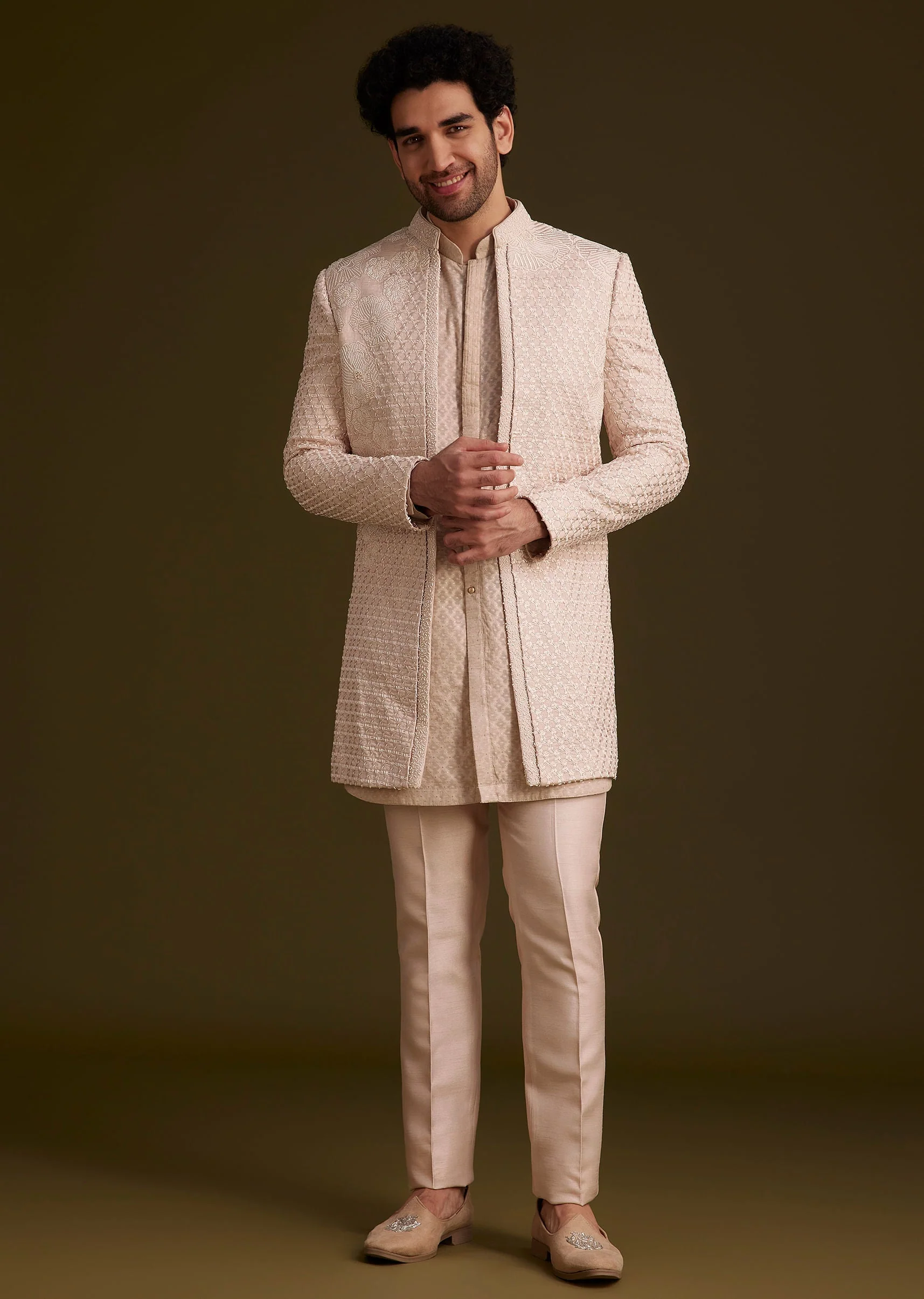 Beige Embroidered Indo Western Set - Image 3