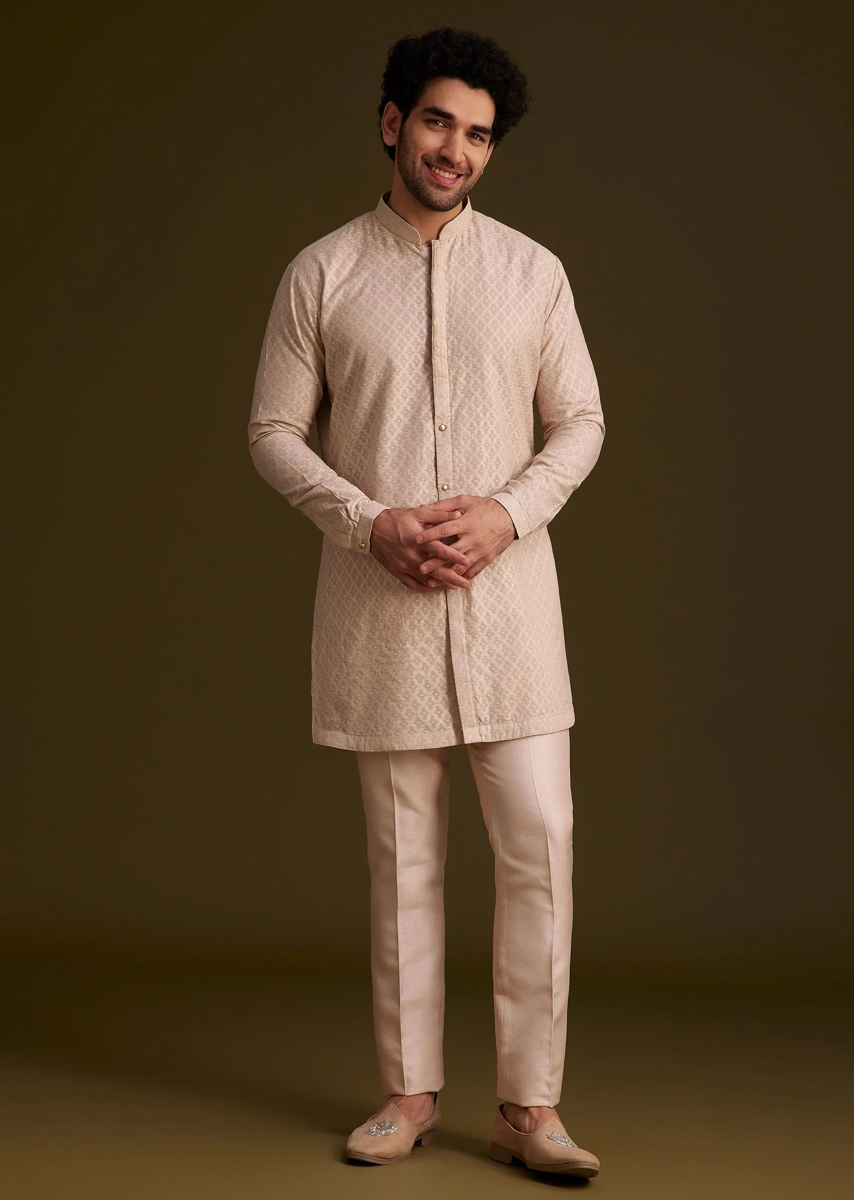 Beige Embroidered Indo Western Set - Image 6