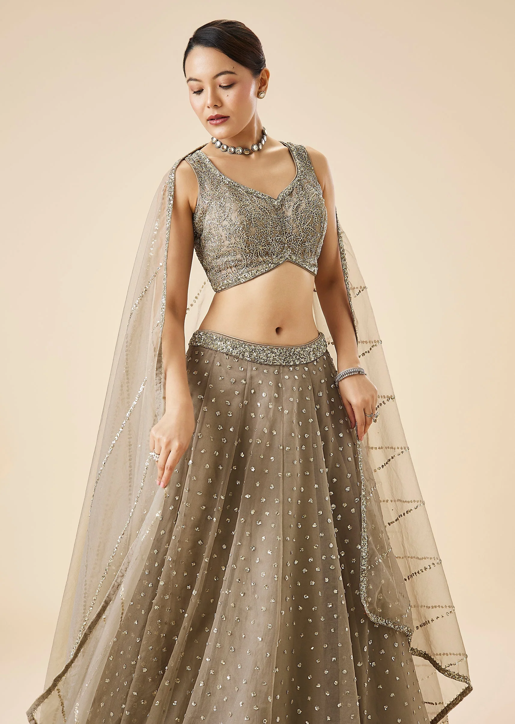 Beige Embroidered Bridal Lehenga Set With Dupatta - Image 5