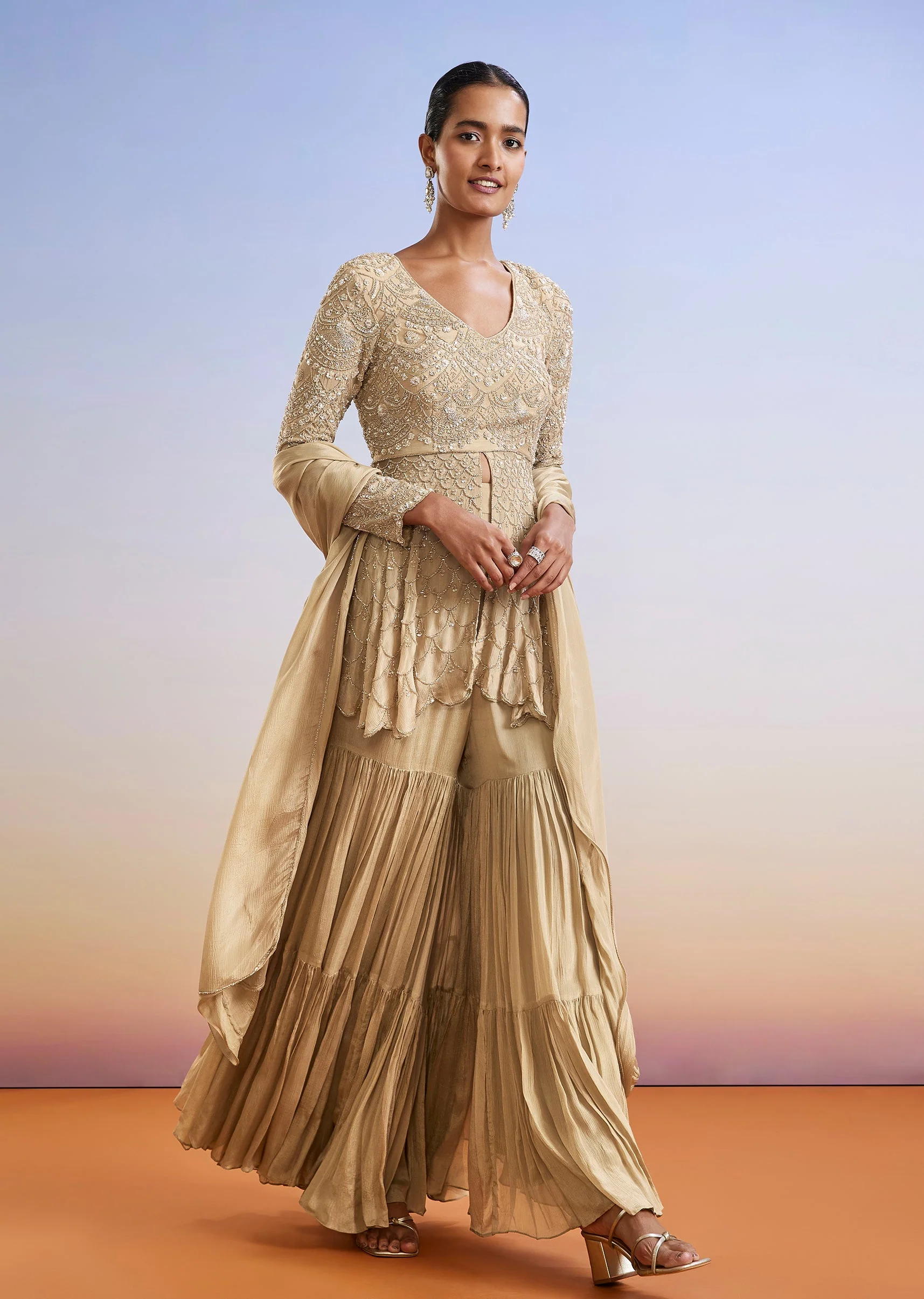 Beige Embroidered Chinon Peplum Sharara Suit With Dupatta
