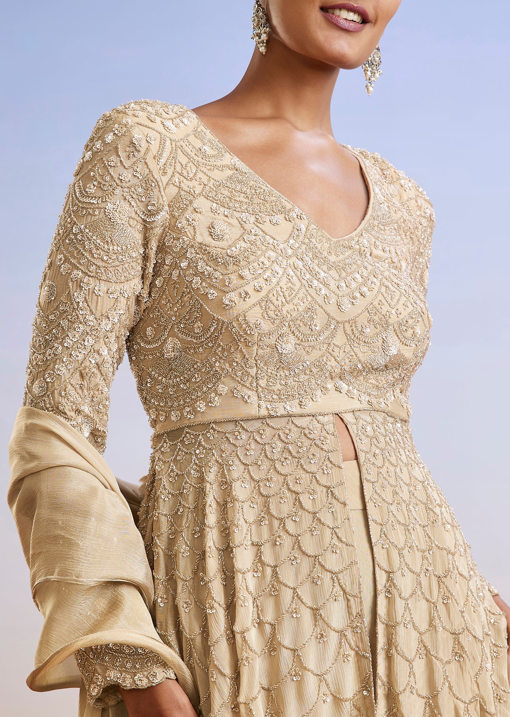 Beige Embroidered Chinon Peplum Sharara Suit With Dupatta - Image 2