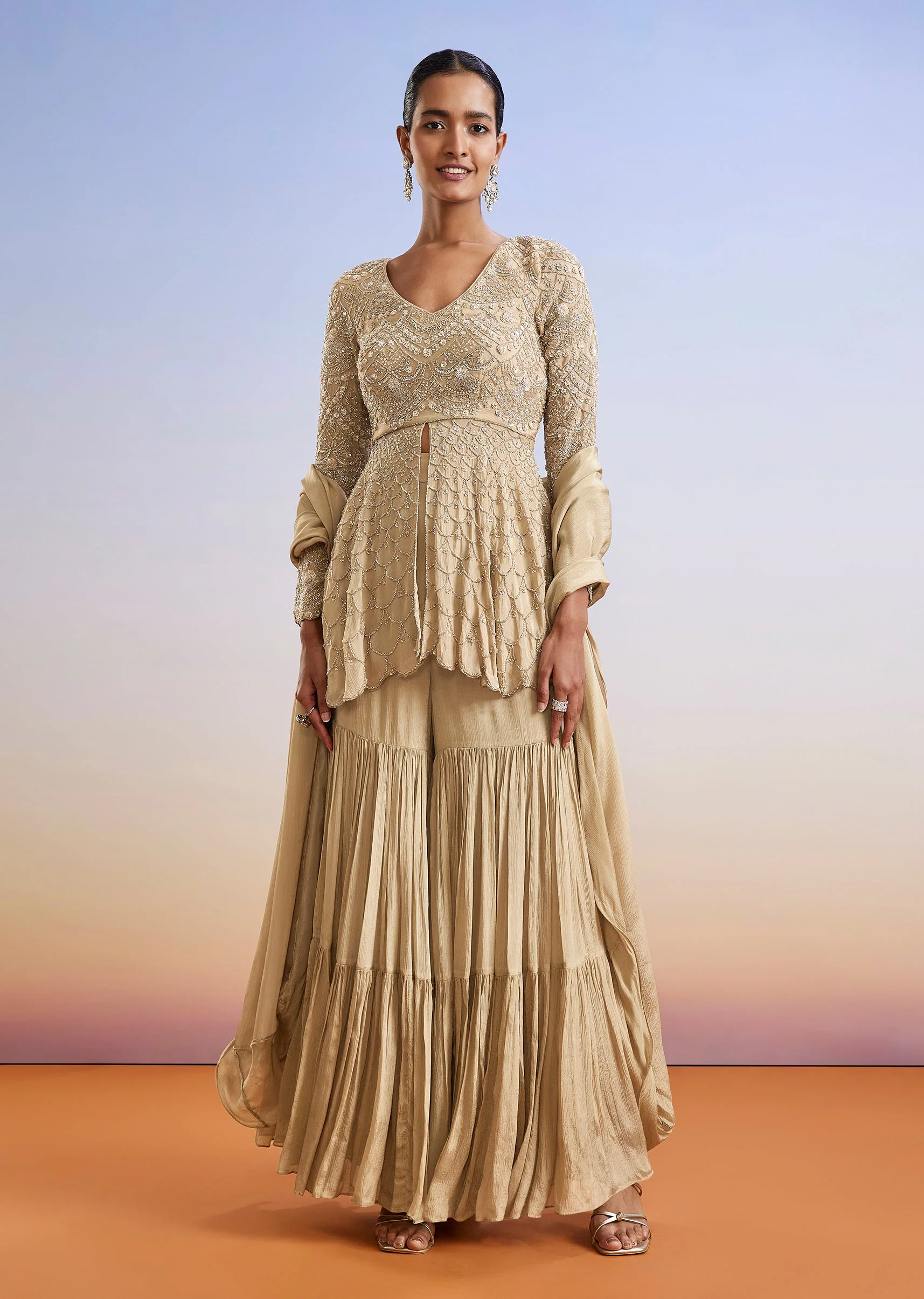 Beige Embroidered Chinon Peplum Sharara Suit With Dupatta - Image 3
