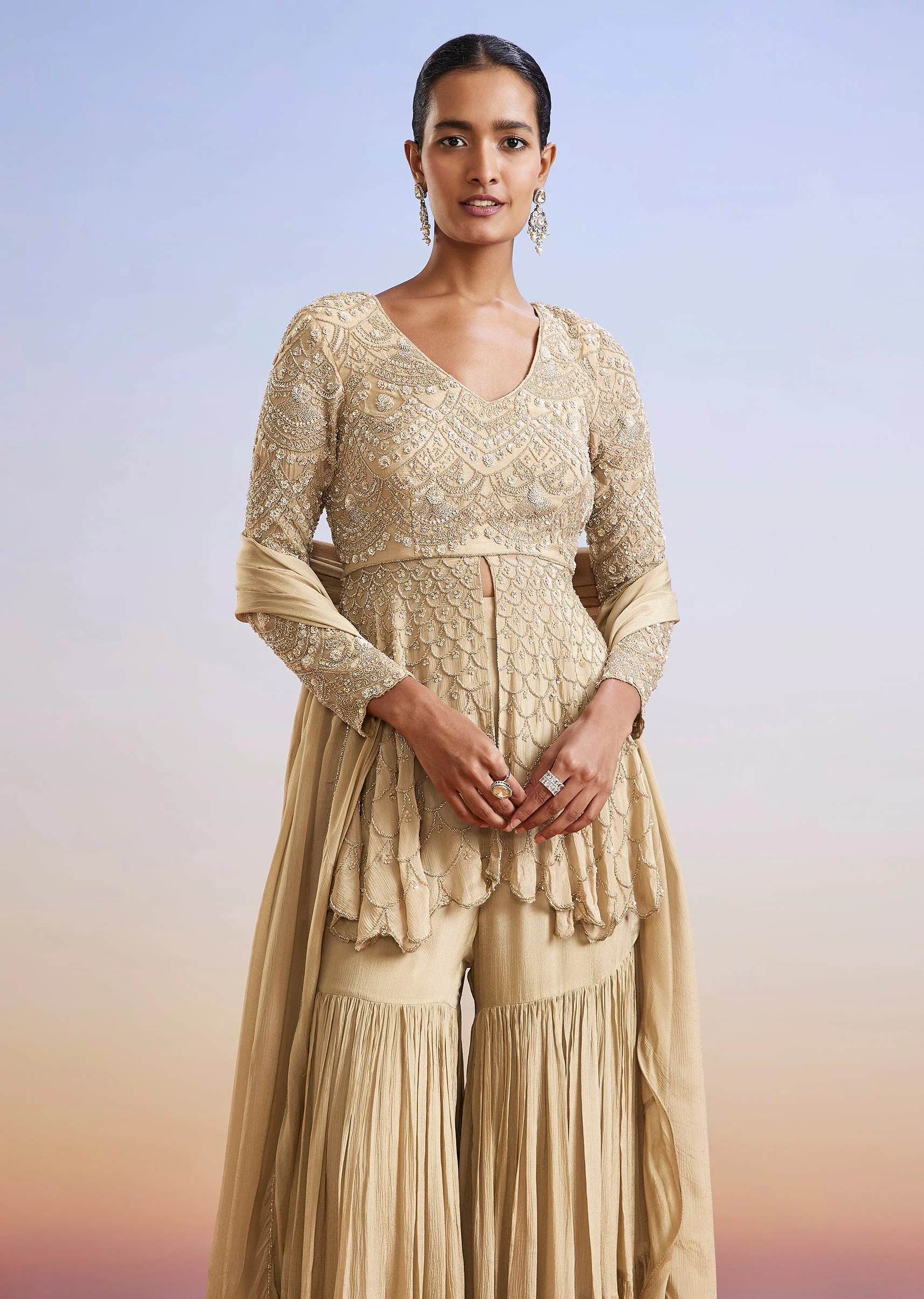 Beige Embroidered Chinon Peplum Sharara Suit With Dupatta - Image 4
