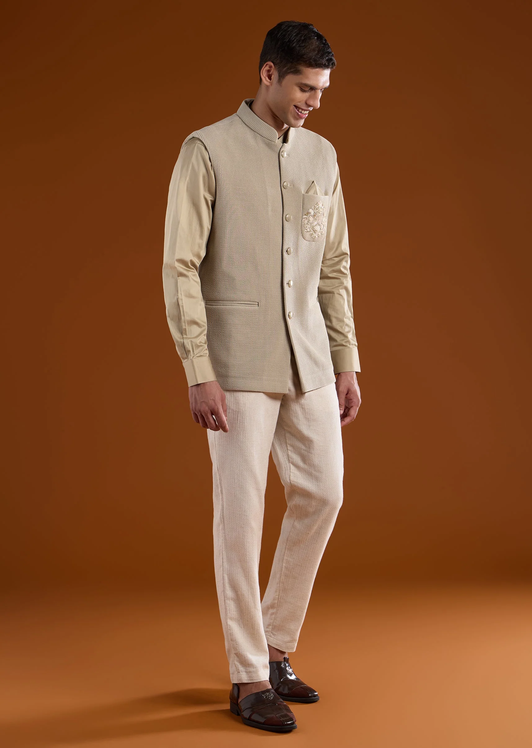 Beige Embroidered Corduroy Kurta Jacket Set - Image 4