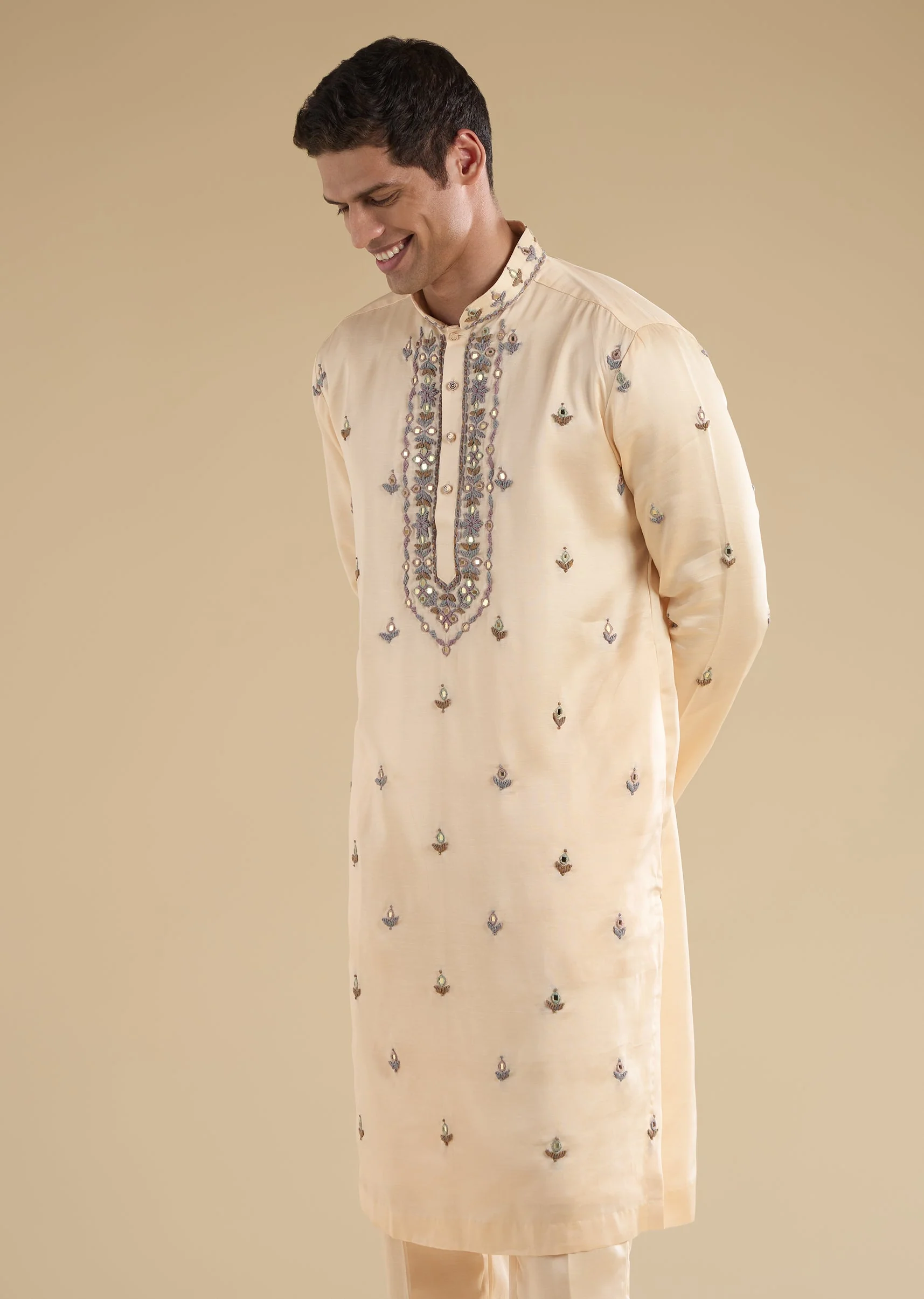 Beige Embroidered Kurta Set With Dupatta - Image 6